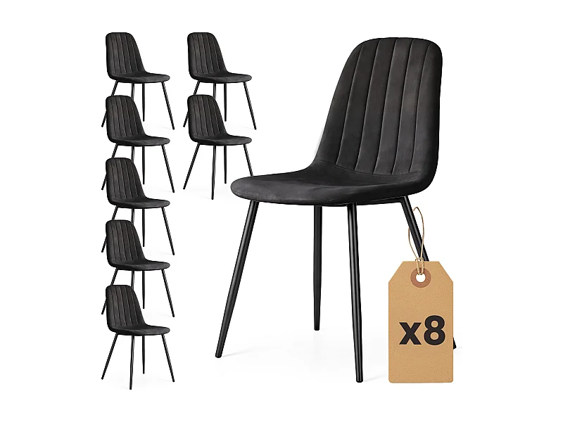 Set van 8 Eetkamerstoelen LUMO / Gestoffeerde Stoelen / Fluwelen Stoelen en Metalen Poten / Zwart met zwarte benen