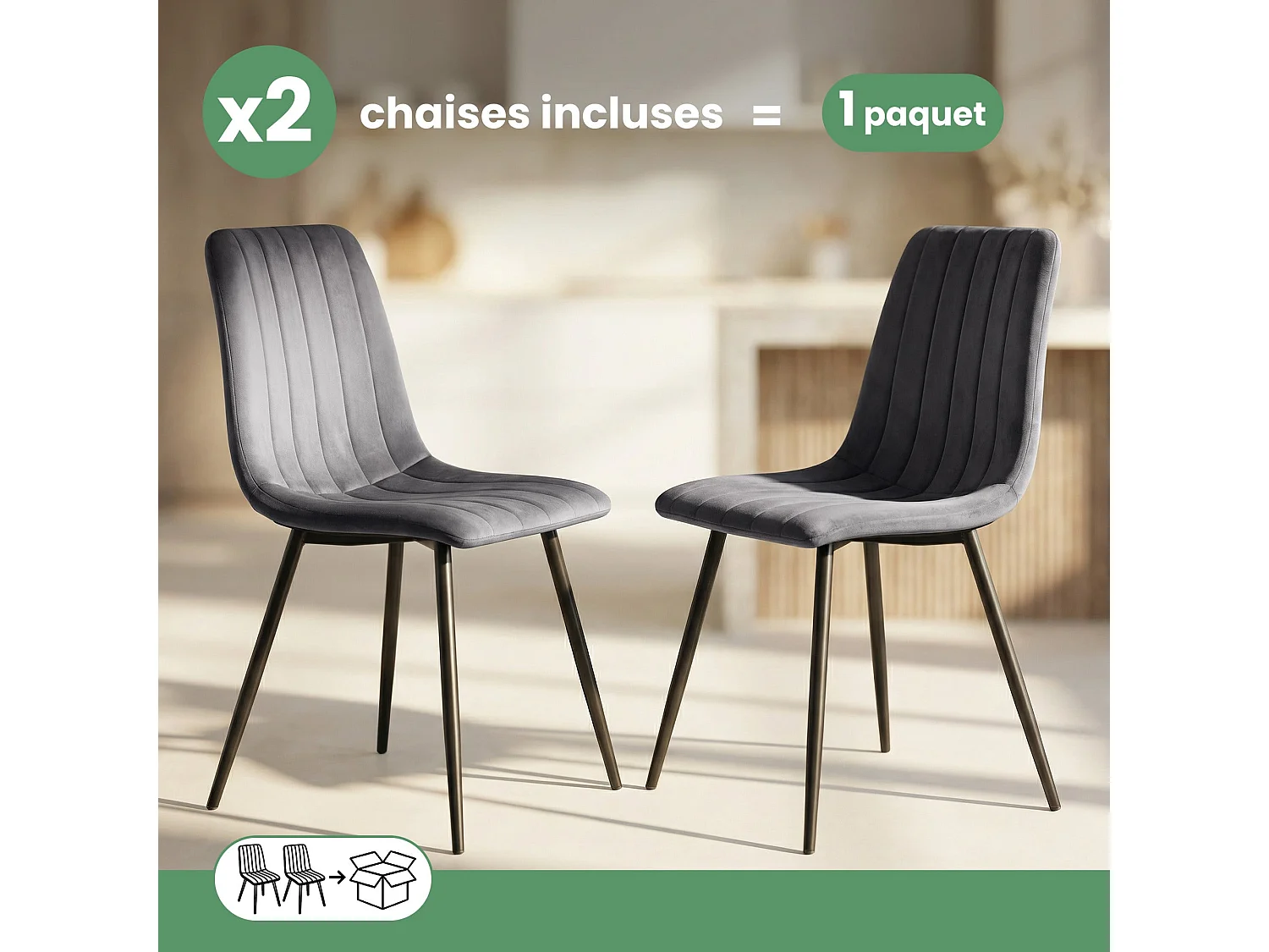 2x Welurowe krzesło tapicerowane pikowane Ciemny Grafit LIVO Czarne nogi