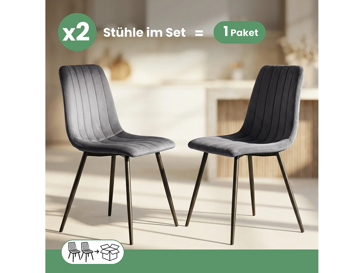 Lot de 2 Chaises en velours matelassées LIVO Graphite Foncé pieds noirs