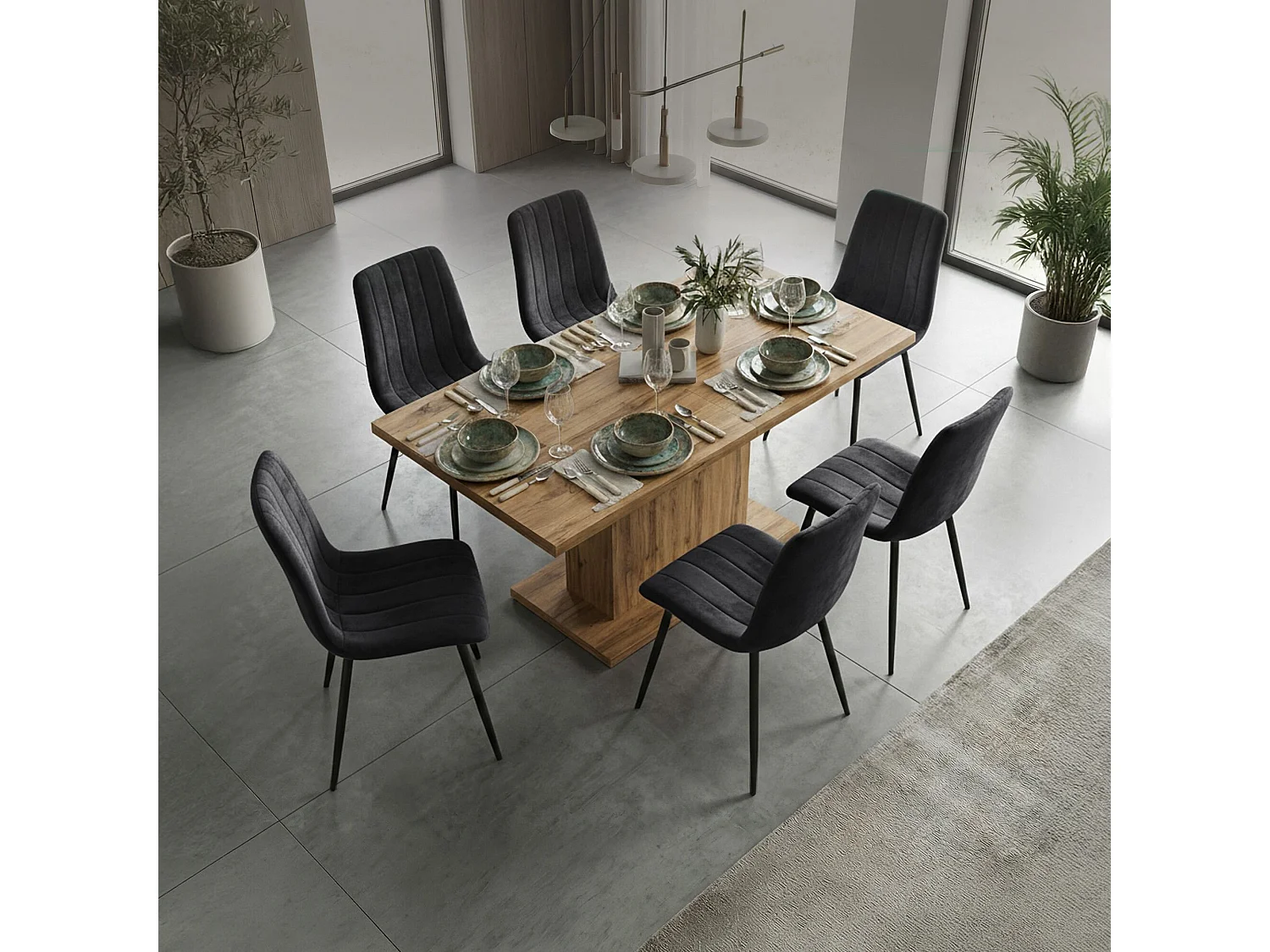 Set van 6 Eetkamerstoelen LIVO / Gestoffeerde Stoelen / Fluwelen Stoelen en Metalen Poten / Zwart met zwarte benen