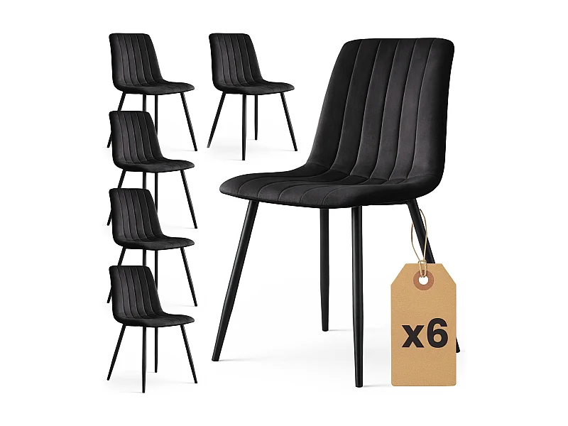 Set van 6 Eetkamerstoelen LIVO / Gestoffeerde Stoelen / Fluwelen Stoelen en Metalen Poten / Zwart met zwarte benen
