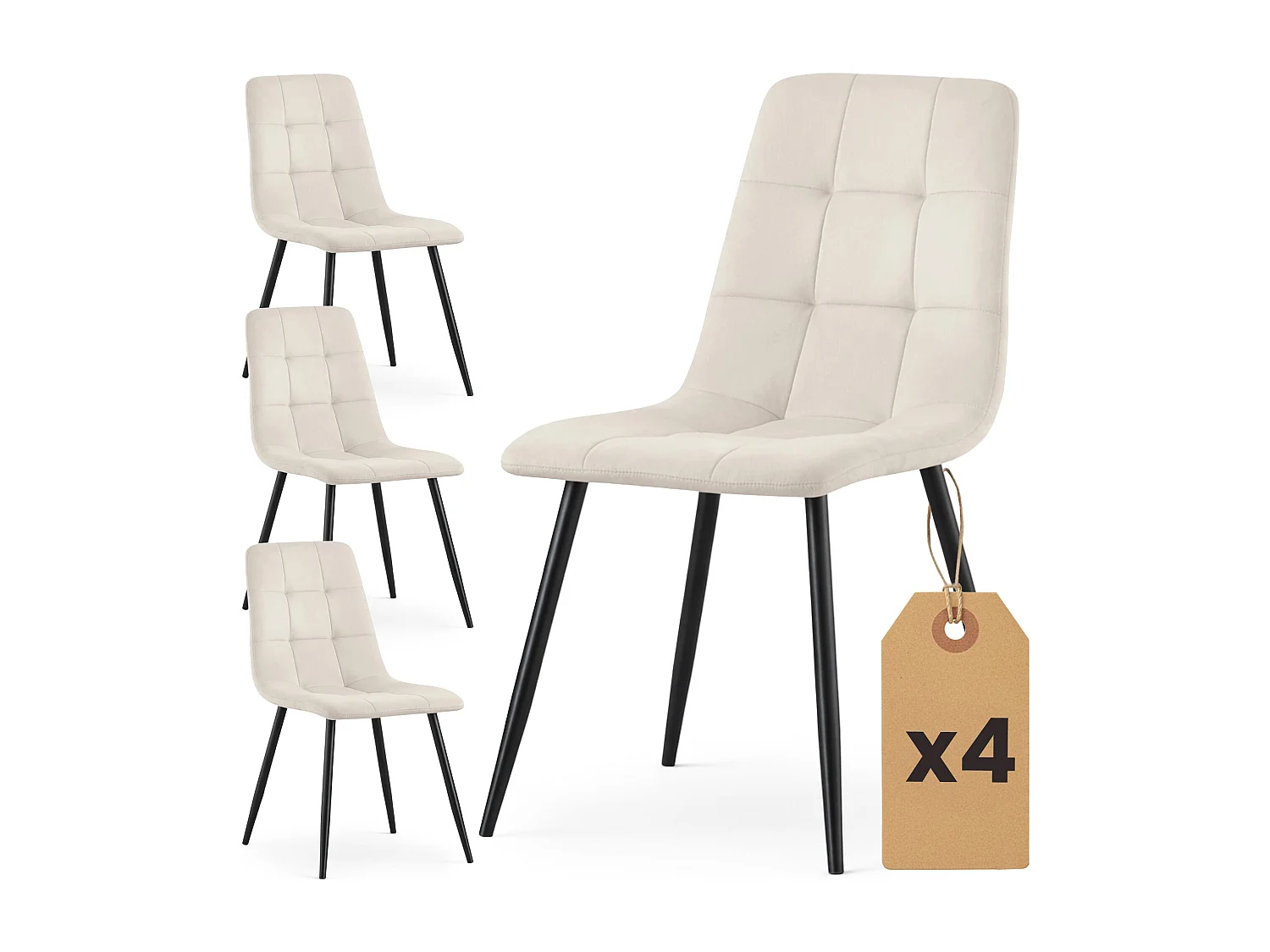 4er Set Samt-Polsterstühle, gesteppt NERO Beige mit schwarzen Beinen