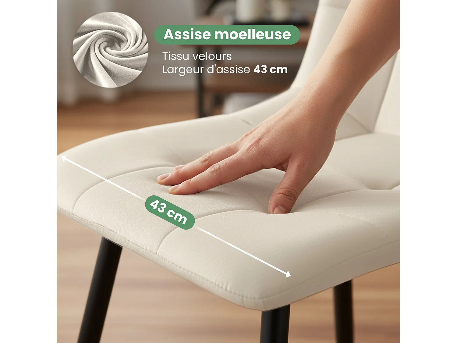 4er Set Samt-Polsterstühle, gesteppt NERO Beige mit schwarzen Beinen