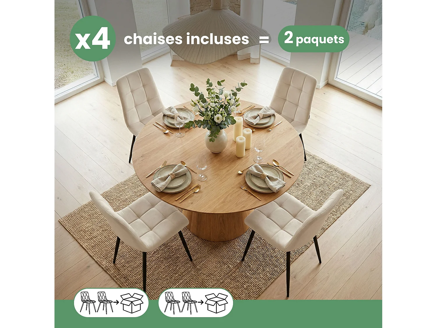 4er Set Samt-Polsterstühle, gesteppt NERO Beige mit schwarzen Beinen