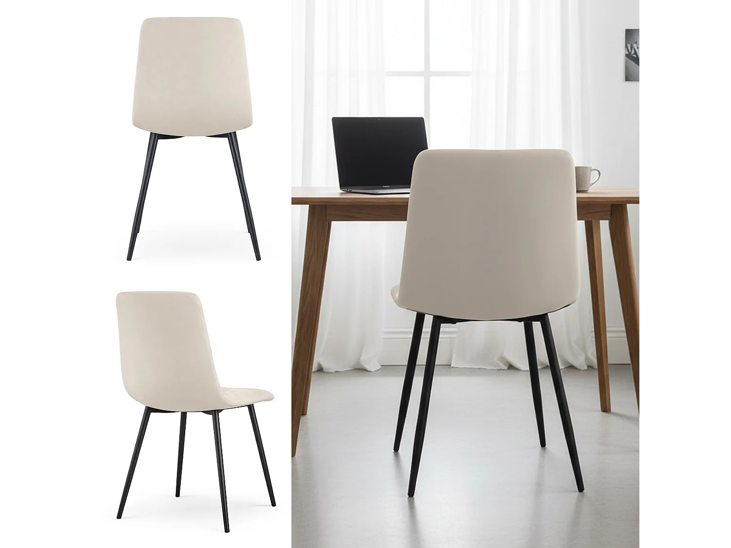 4er Set Samt-Polsterstühle, gesteppt NERO Beige mit schwarzen Beinen