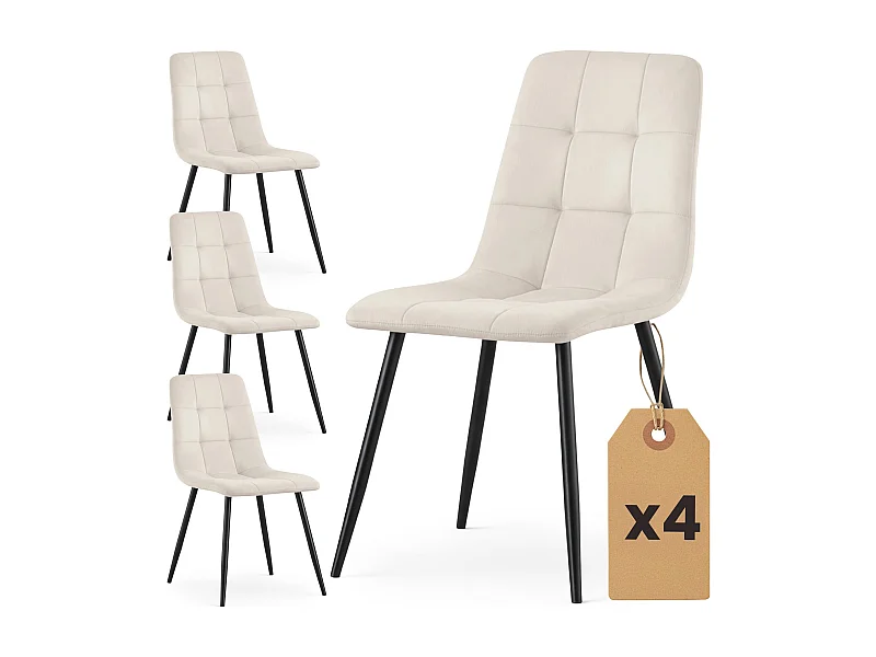 4er Set Samt-Polsterstühle, gesteppt NERO Beige mit schwarzen Beinen