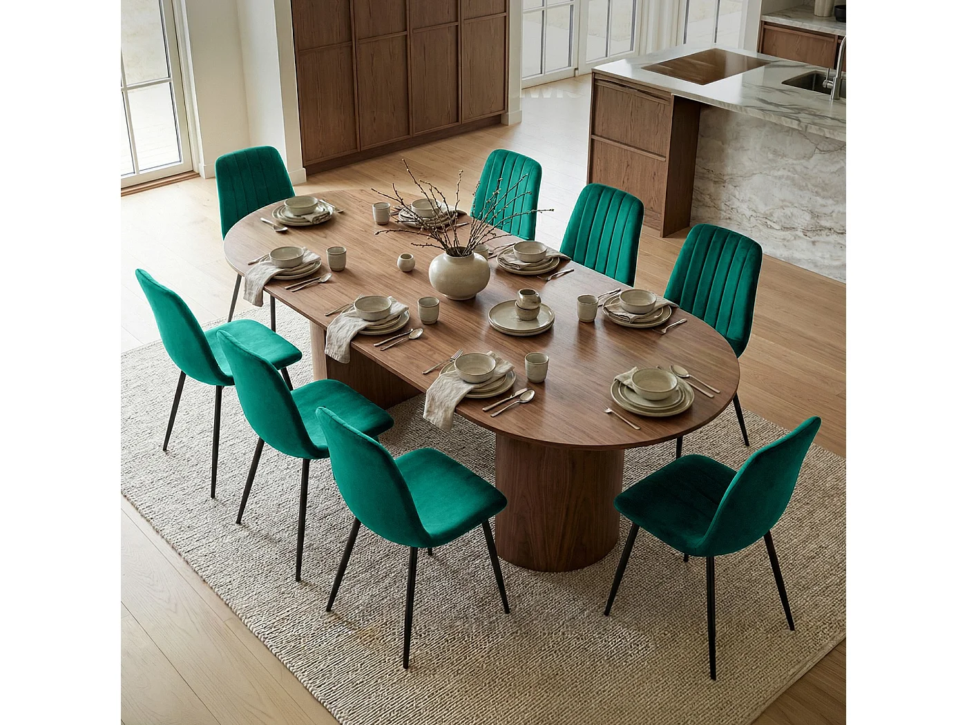 8x Welurowe krzesło tapicerowane pikowane Butelkowa Zieleń LUMO Czarne nogi