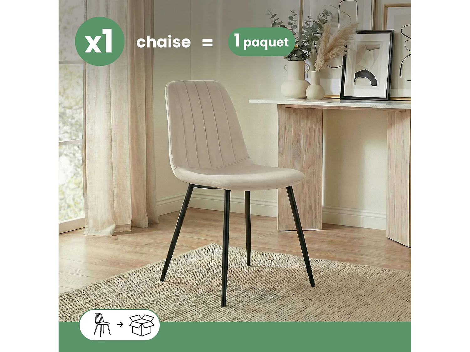 Chaise en velours matelassée LUMO Beige pieds noirs