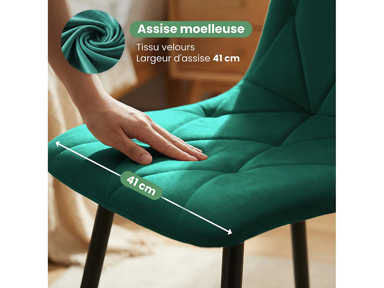 Set van 6 Eetkamerstoelen MILO / Gestoffeerde Stoelen / Fluwelen Stoelen en Metalen Poten / Flesgroen met zwarte benen