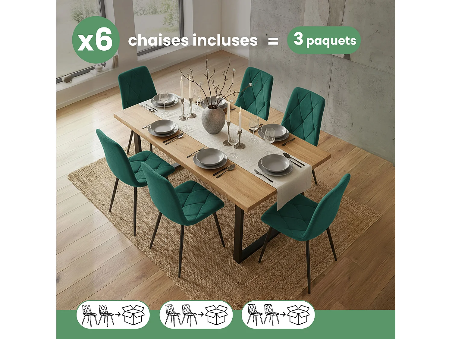 Set van 6 Eetkamerstoelen MILO / Gestoffeerde Stoelen / Fluwelen Stoelen en Metalen Poten / Flesgroen met zwarte benen