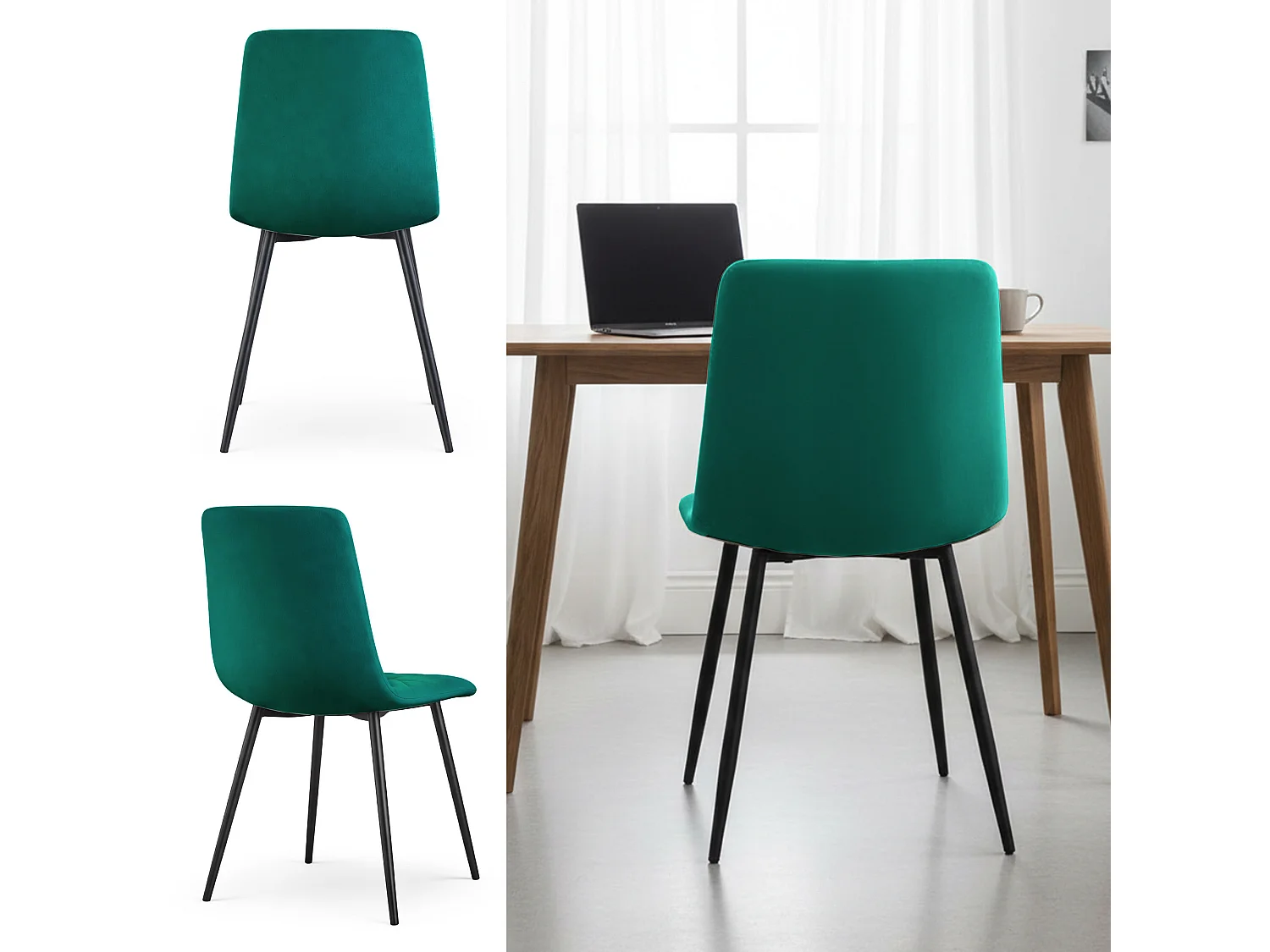 Set van 6 Eetkamerstoelen MILO / Gestoffeerde Stoelen / Fluwelen Stoelen en Metalen Poten / Flesgroen met zwarte benen