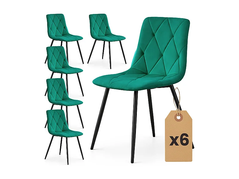 Lot de 6 Chaises en velours matelassées MILO Vert Bouteille pieds noirs