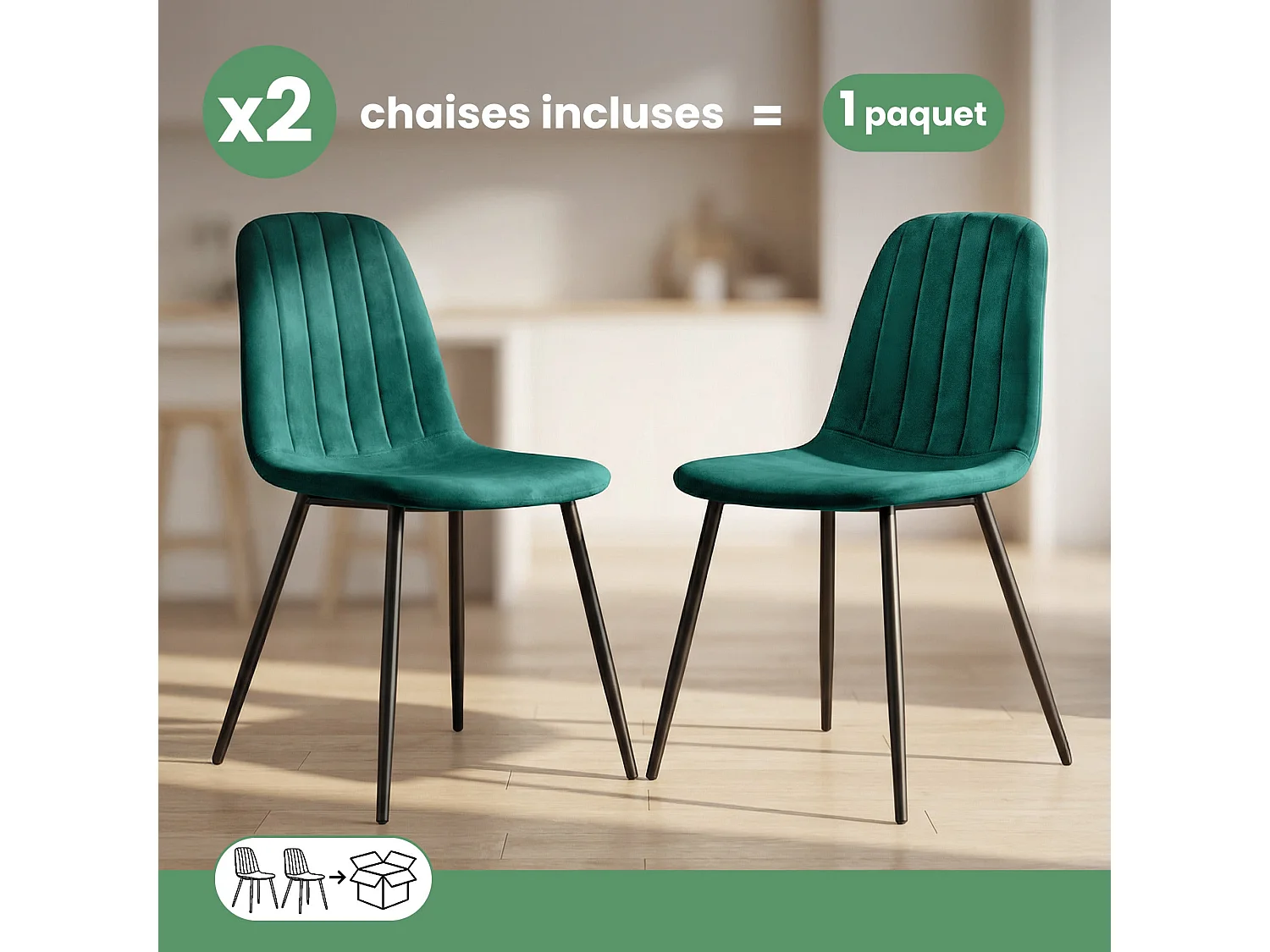 2x Welurowe krzesło tapicerowane pikowane Butelkowa Zieleń LUMO Czarne nogi