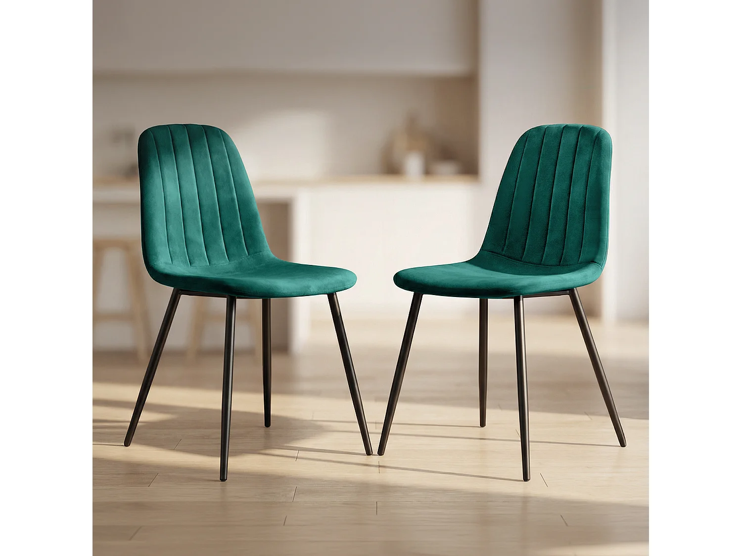 Lot de 2 Chaises en velours matelassées LUMO Vert Bouteille pieds noirs