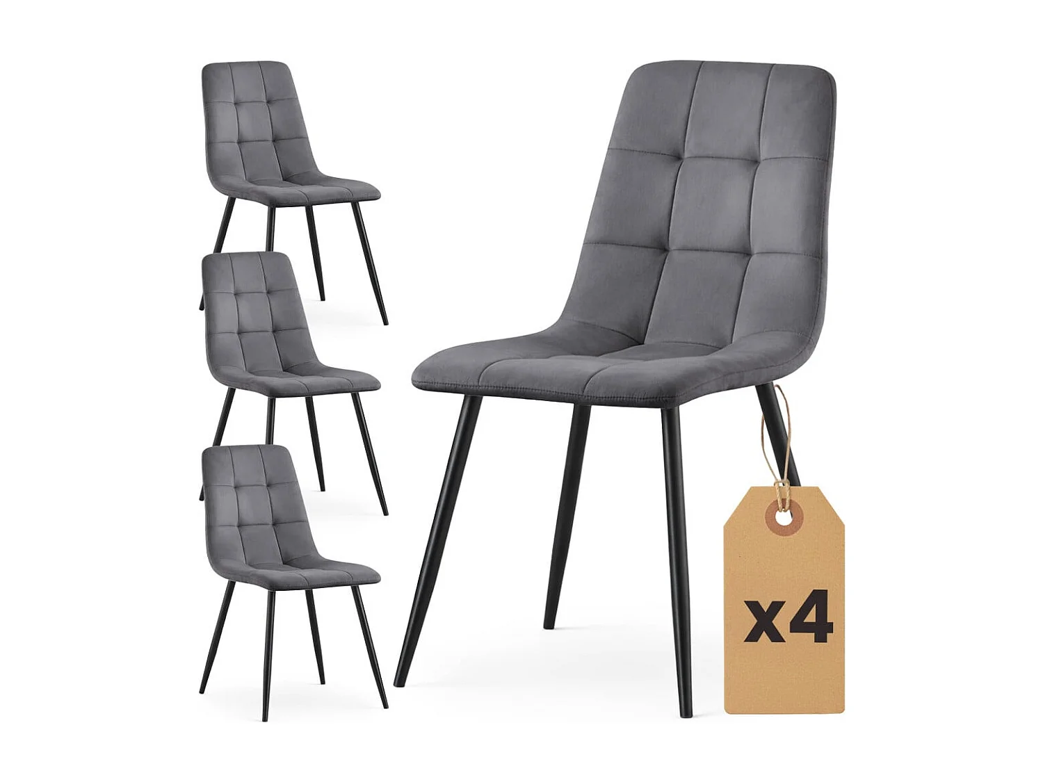 4er Set Samt-Polsterstühle, gesteppt NERO Dunkelgrau mit schwarzen Beinen