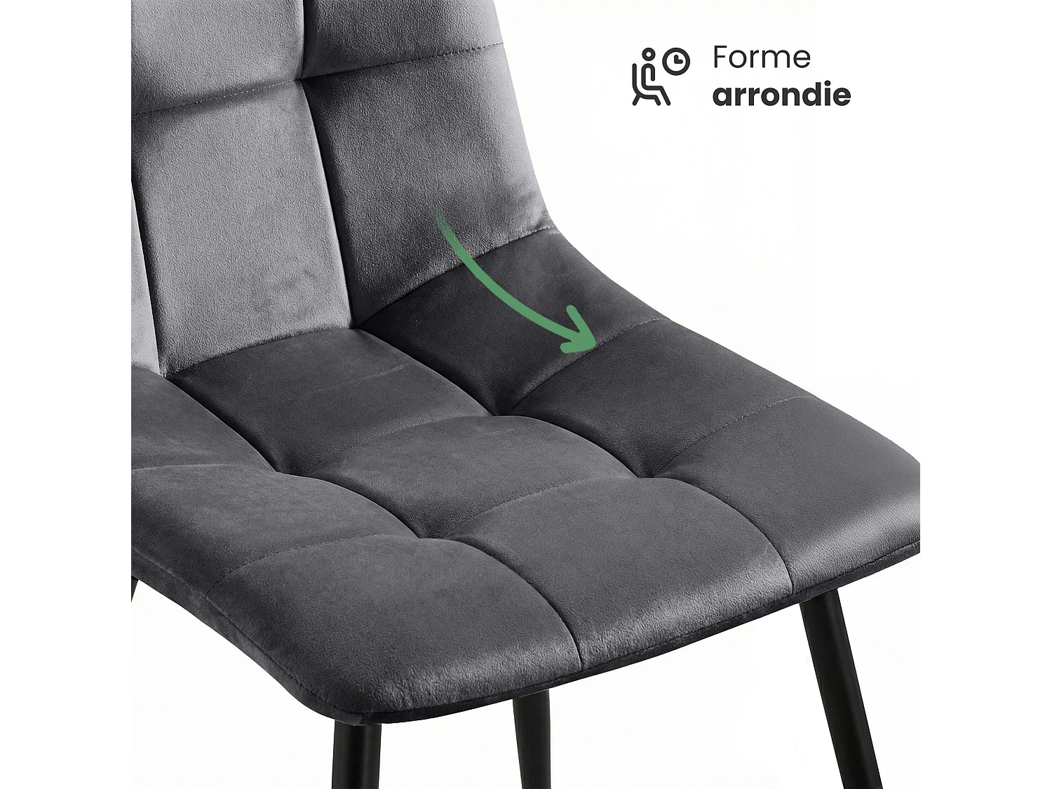 4er Set Samt-Polsterstühle, gesteppt NERO Dunkelgrau mit schwarzen Beinen