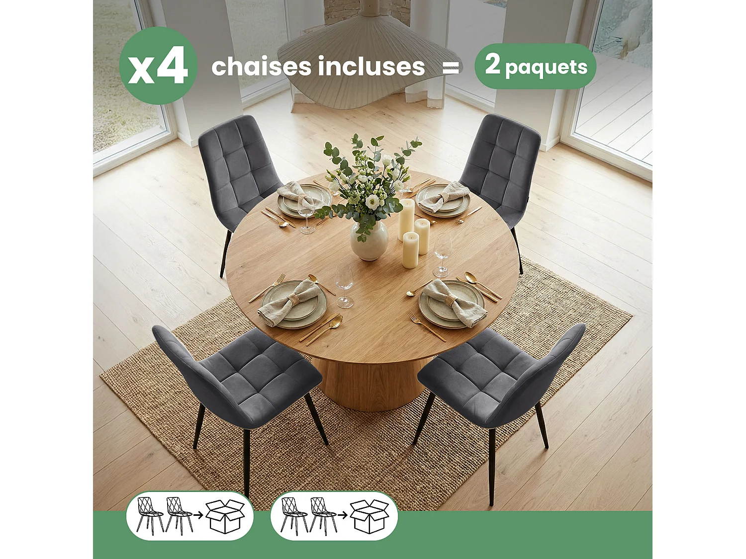 4er Set Samt-Polsterstühle, gesteppt NERO Dunkelgrau mit schwarzen Beinen