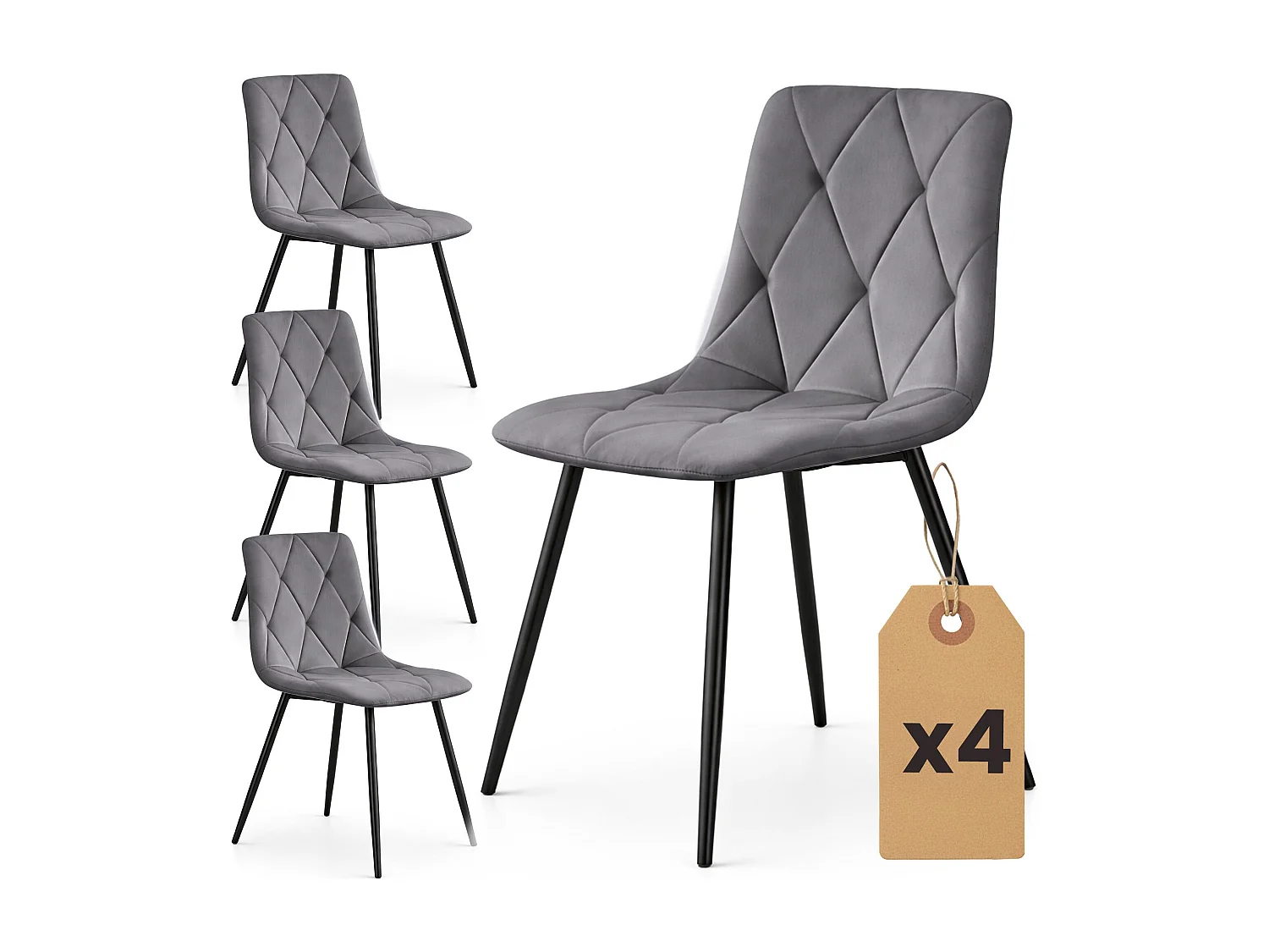 4er Set Samt-Polsterstühle, gesteppt MILO Dunkelgrau mit schwarzen Beinen