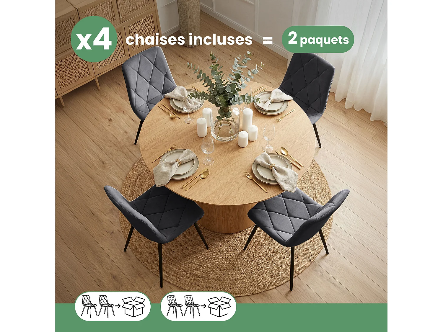 4er Set Samt-Polsterstühle, gesteppt MILO Dunkelgrau mit schwarzen Beinen