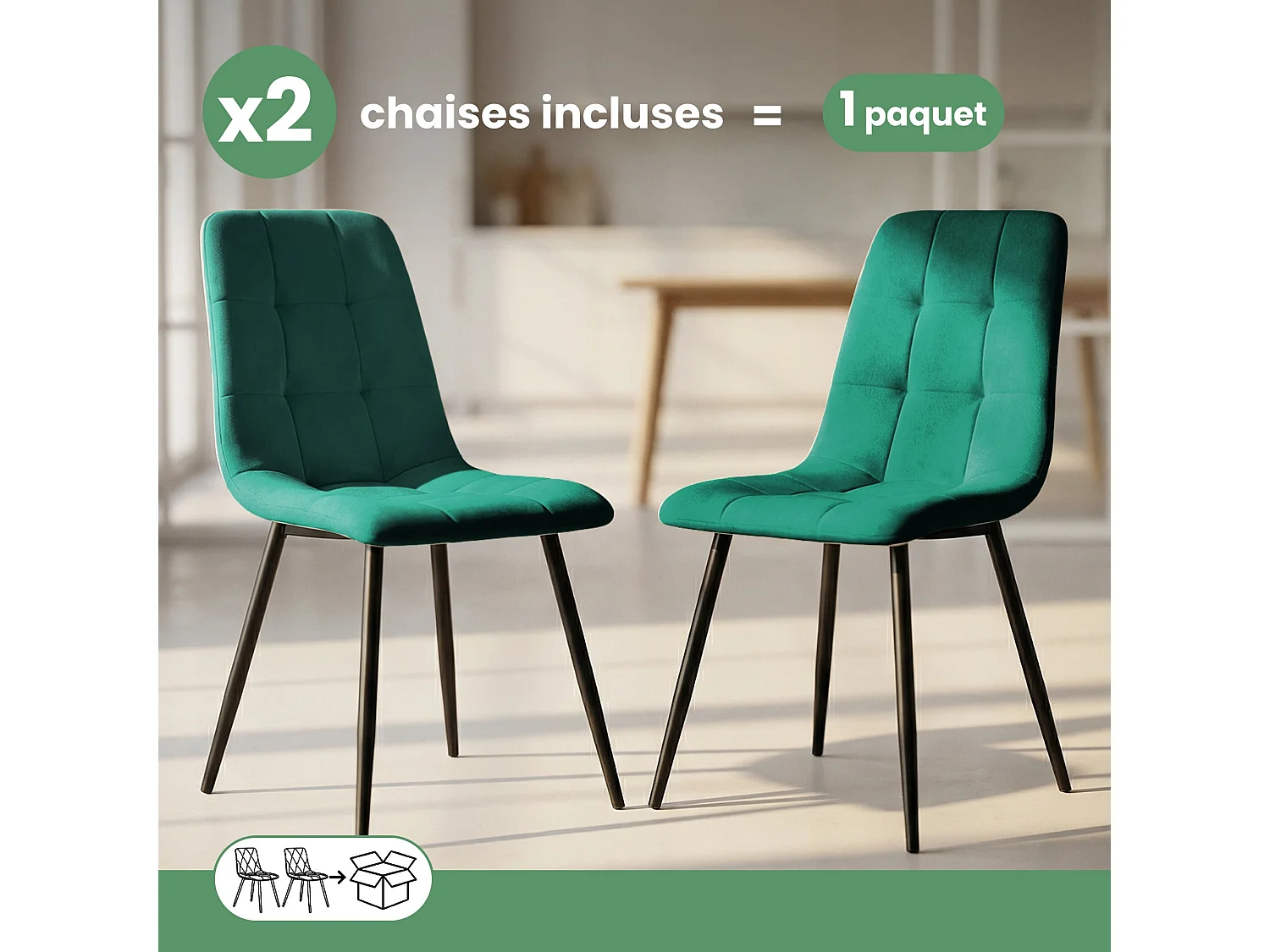 2x Welurowe krzesło tapicerowane pikowane Butelkowa Zieleń NERO Czarne nogi