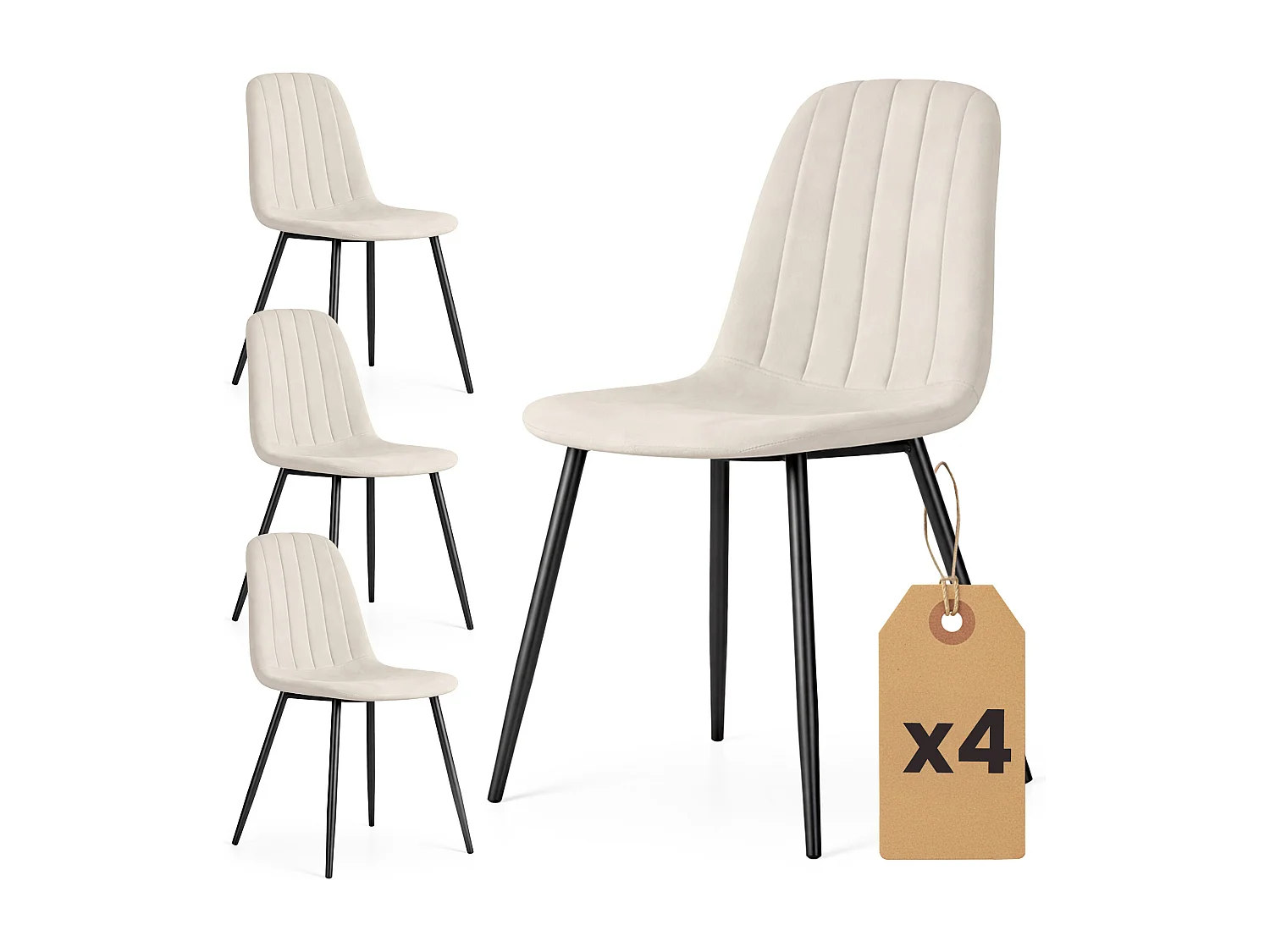 4er Set Samt-Polsterstühle, gesteppt LUMO Beige mit schwarzen Beinen