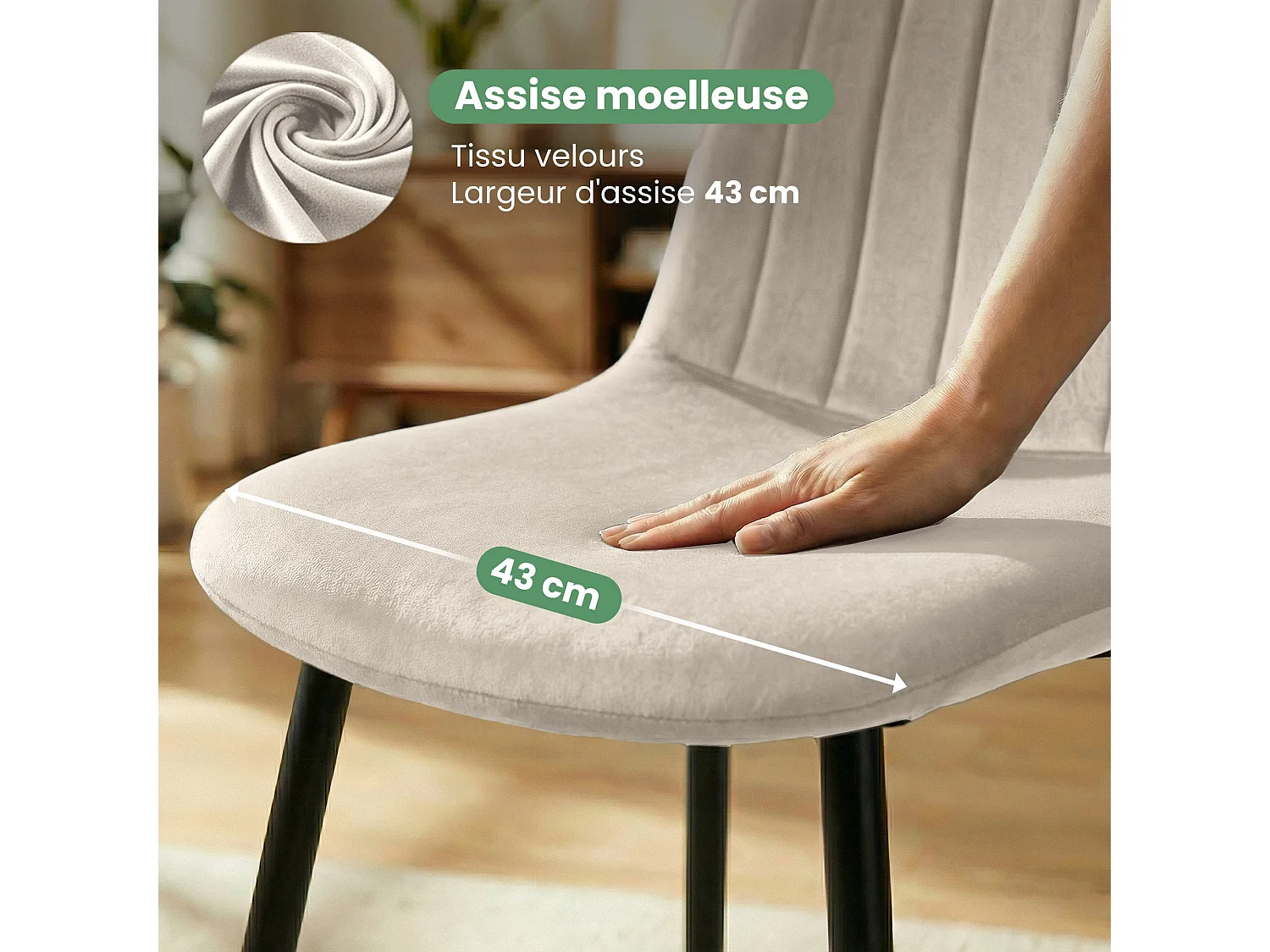 4er Set Samt-Polsterstühle, gesteppt LUMO Beige mit schwarzen Beinen