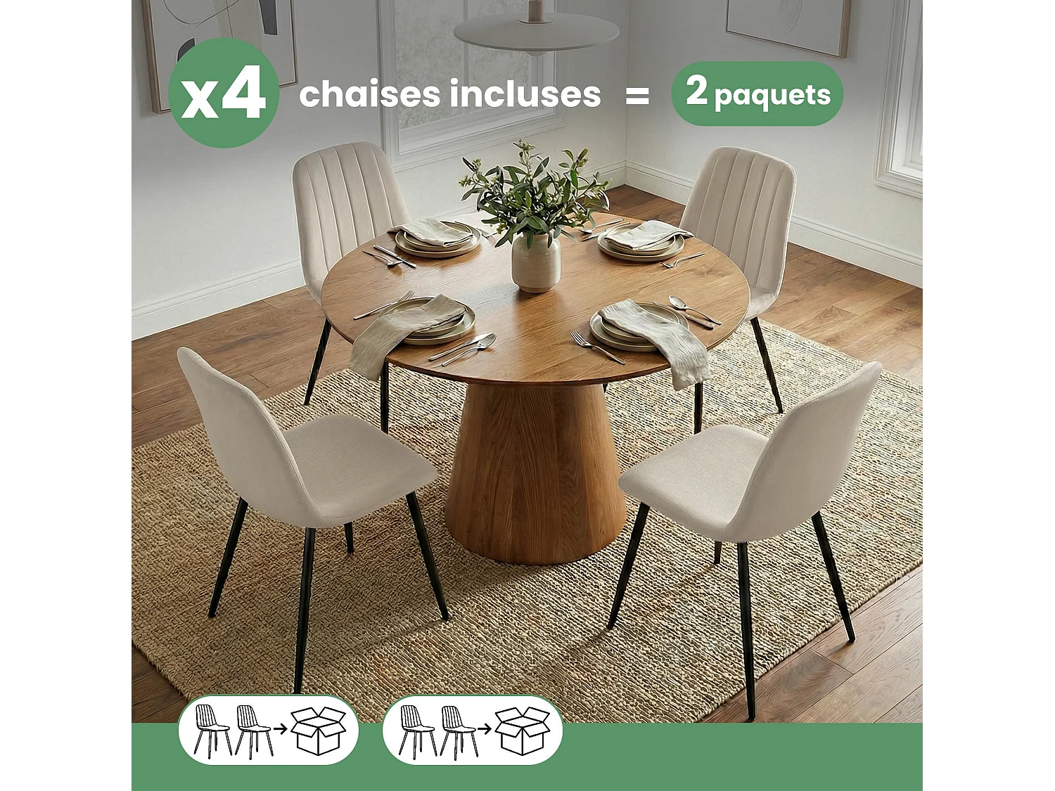 4er Set Samt-Polsterstühle, gesteppt LUMO Beige mit schwarzen Beinen