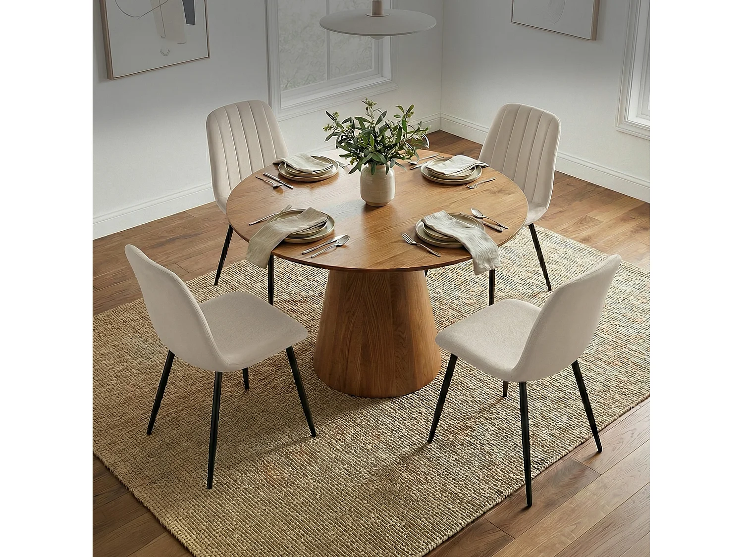 Lot de 4 Chaises en velours matelassées LUMO Beige pieds noirs