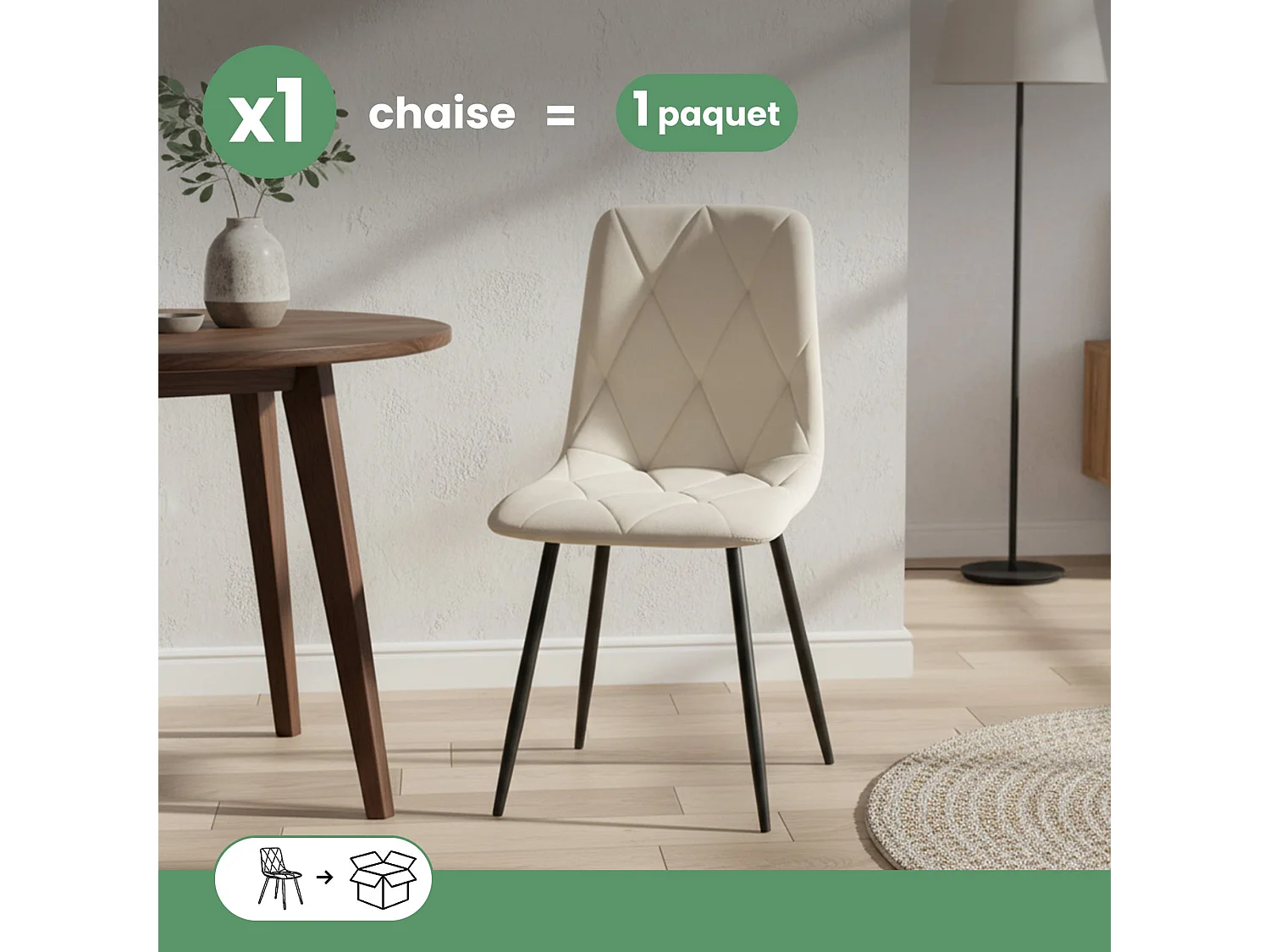 Chaise en velours matelassée MILO Beige pieds noirs