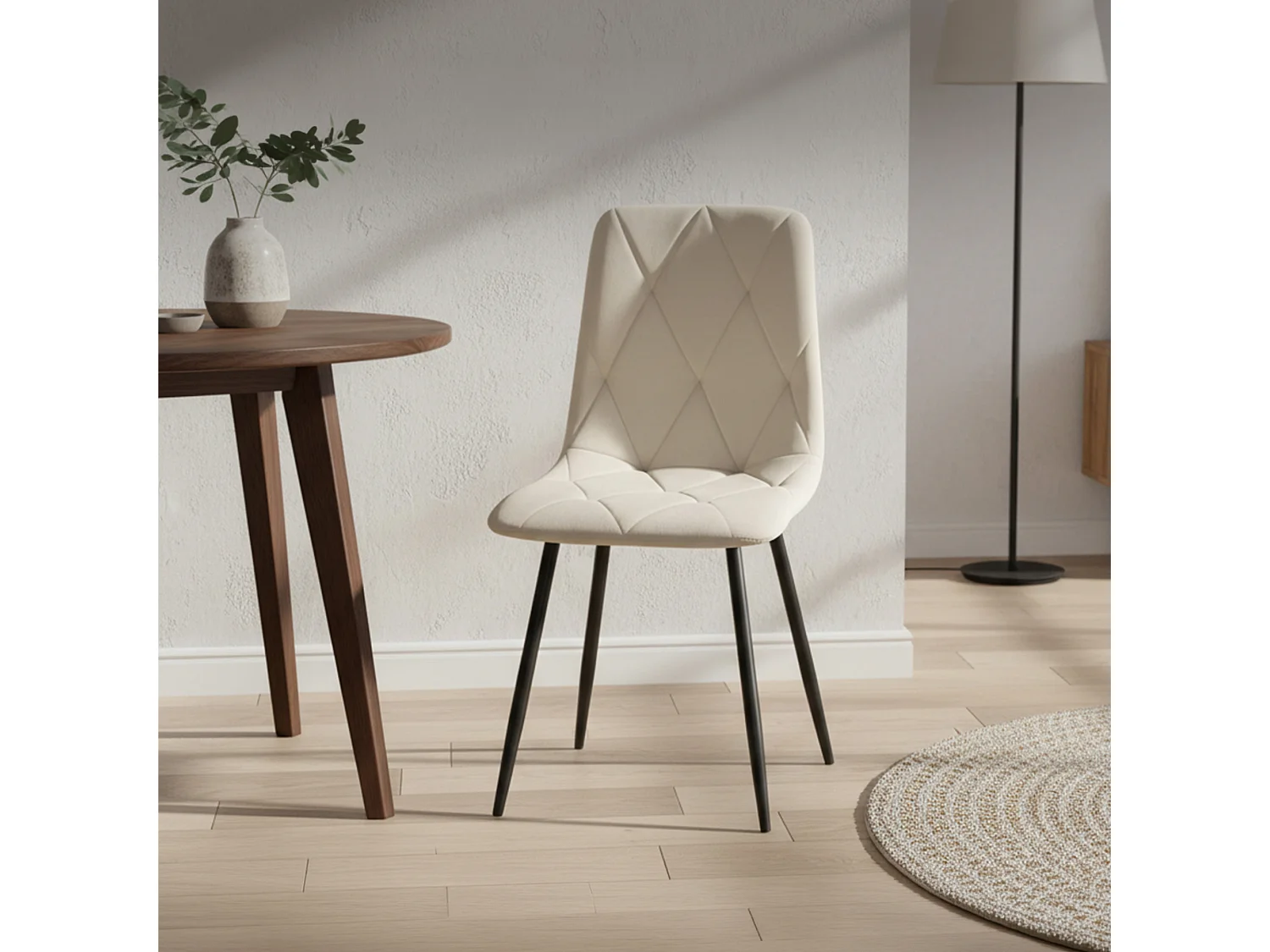 Sedia in velluto trapuntata MILO Beige gambe nere