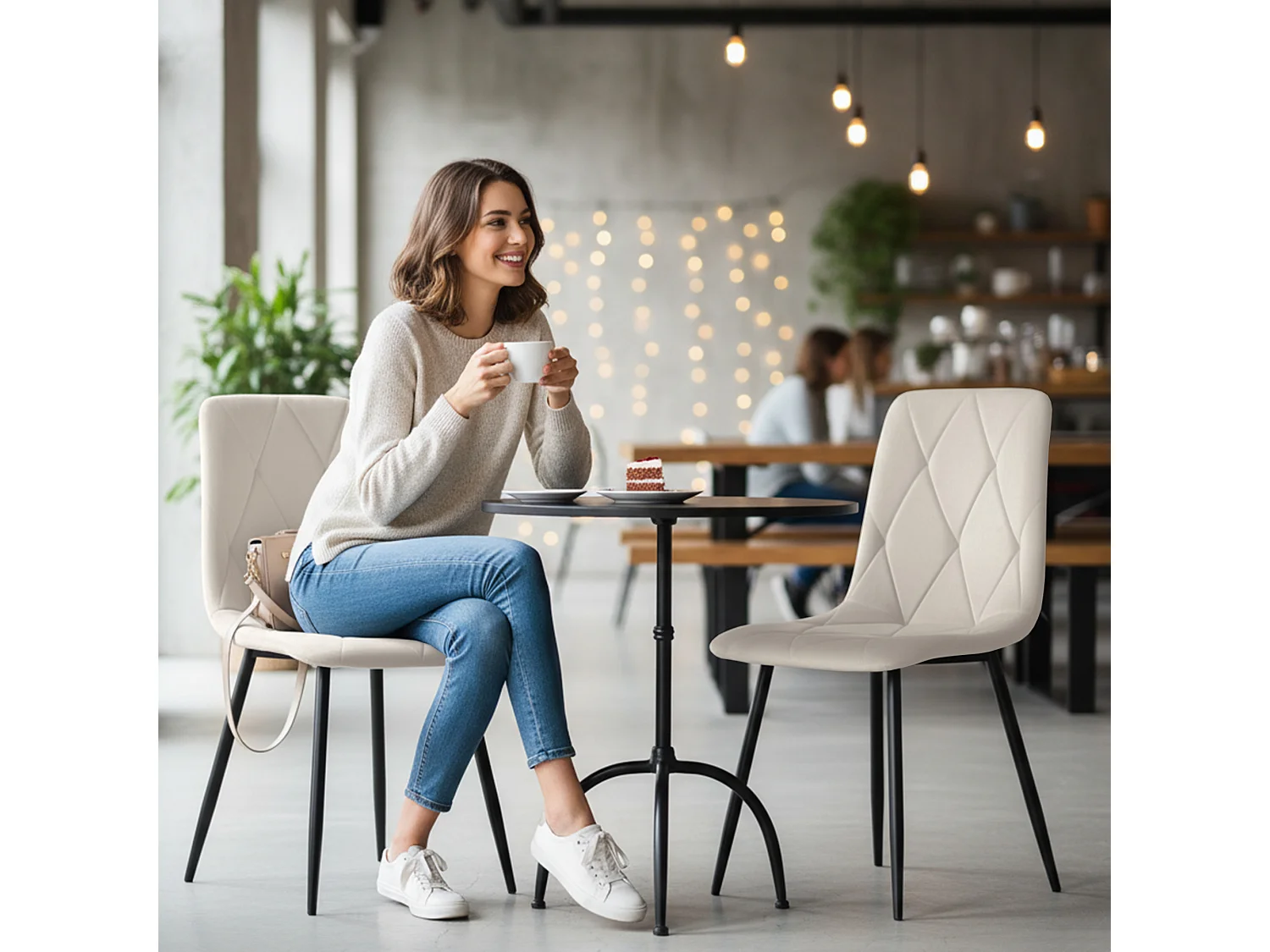 Sedia in velluto trapuntata MILO Beige gambe nere