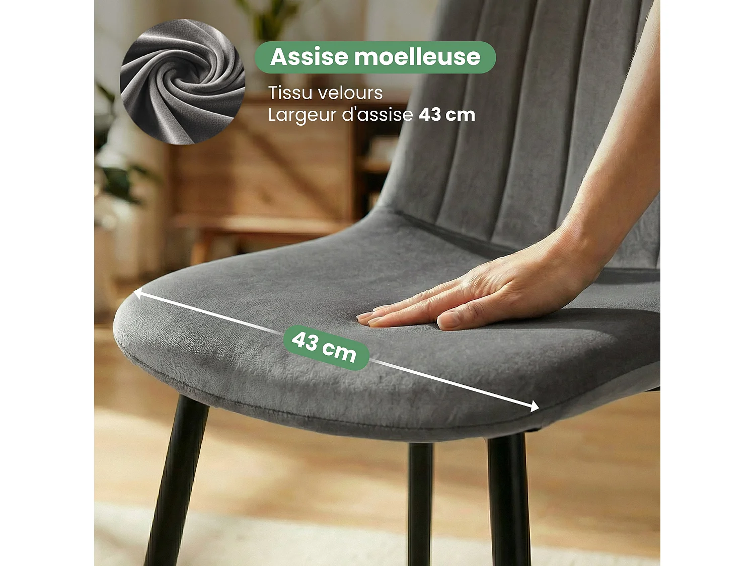 Chaise en velours matelassée LUMO Graphite Foncé pieds noirs