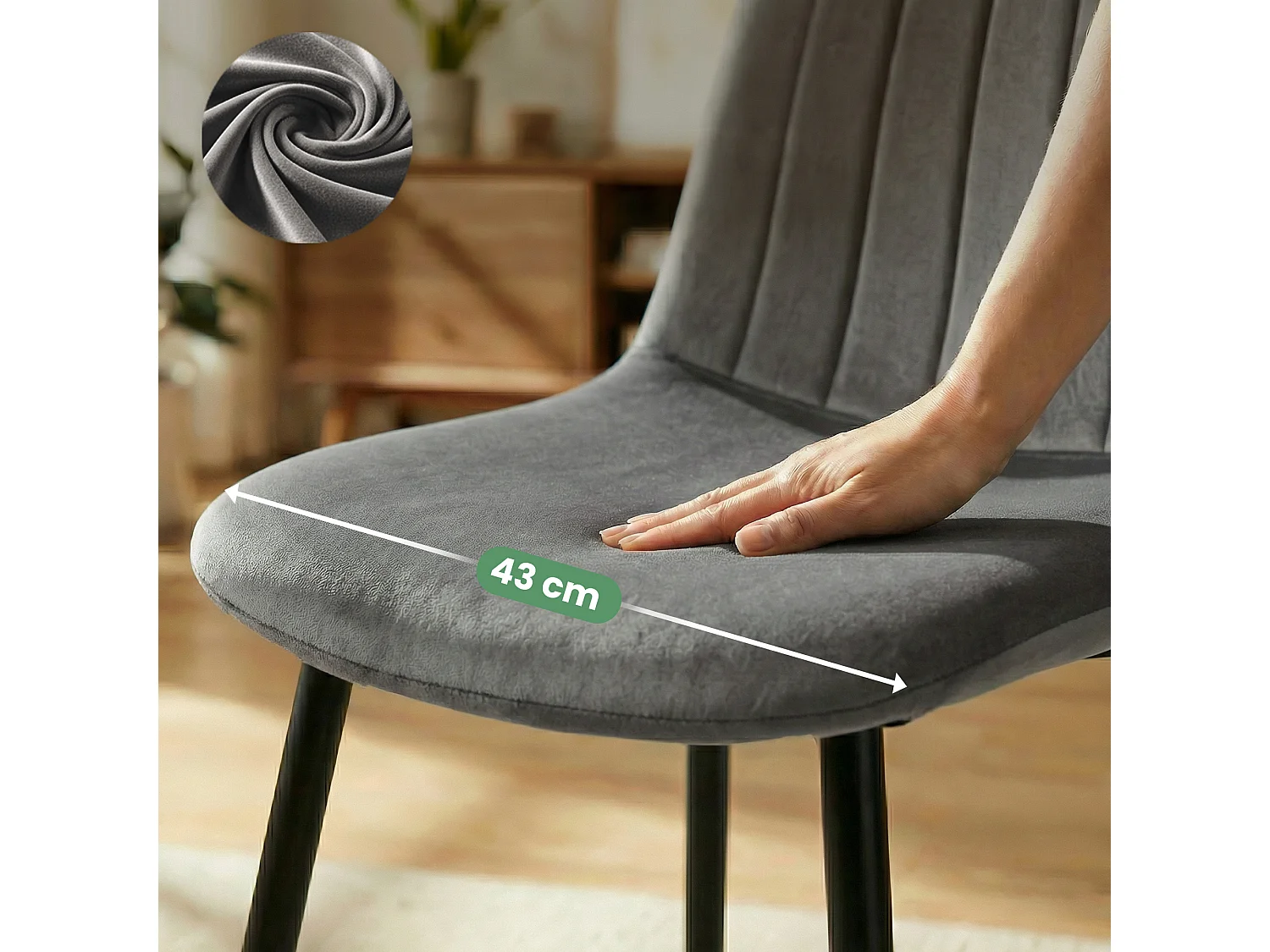 Chaise en velours matelassée LUMO Graphite Foncé pieds noirs