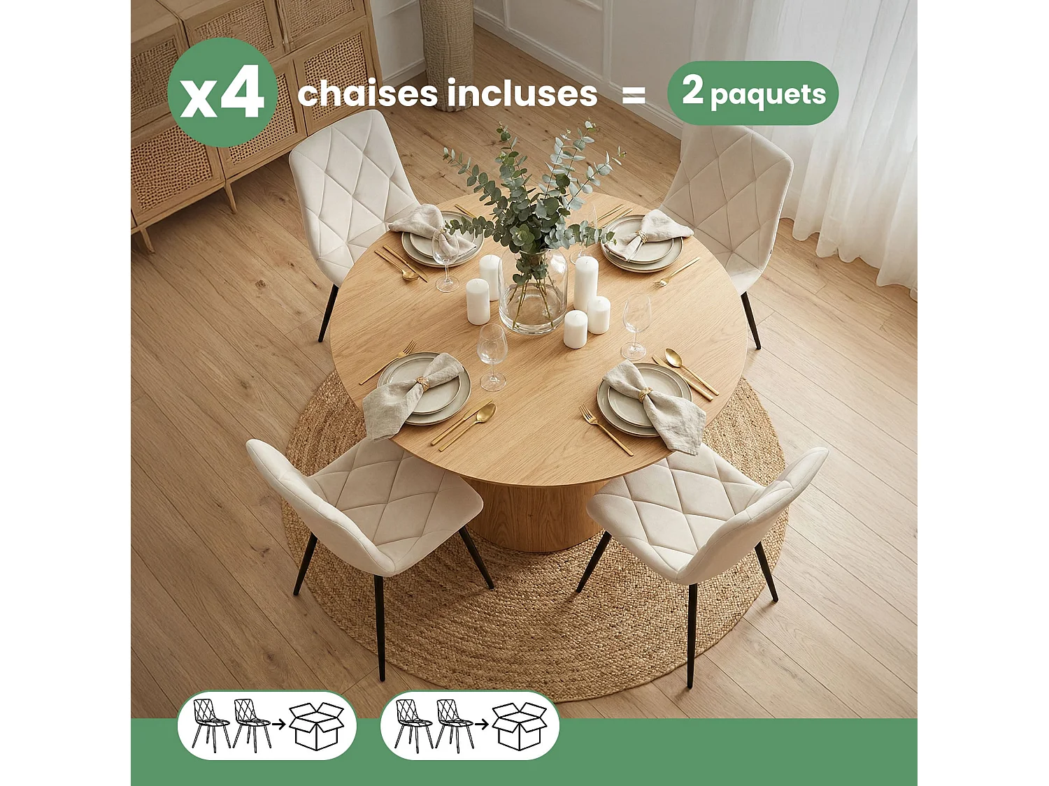 4er Set Samt-Polsterstühle, gesteppt MILO Beige mit schwarzen Beinen