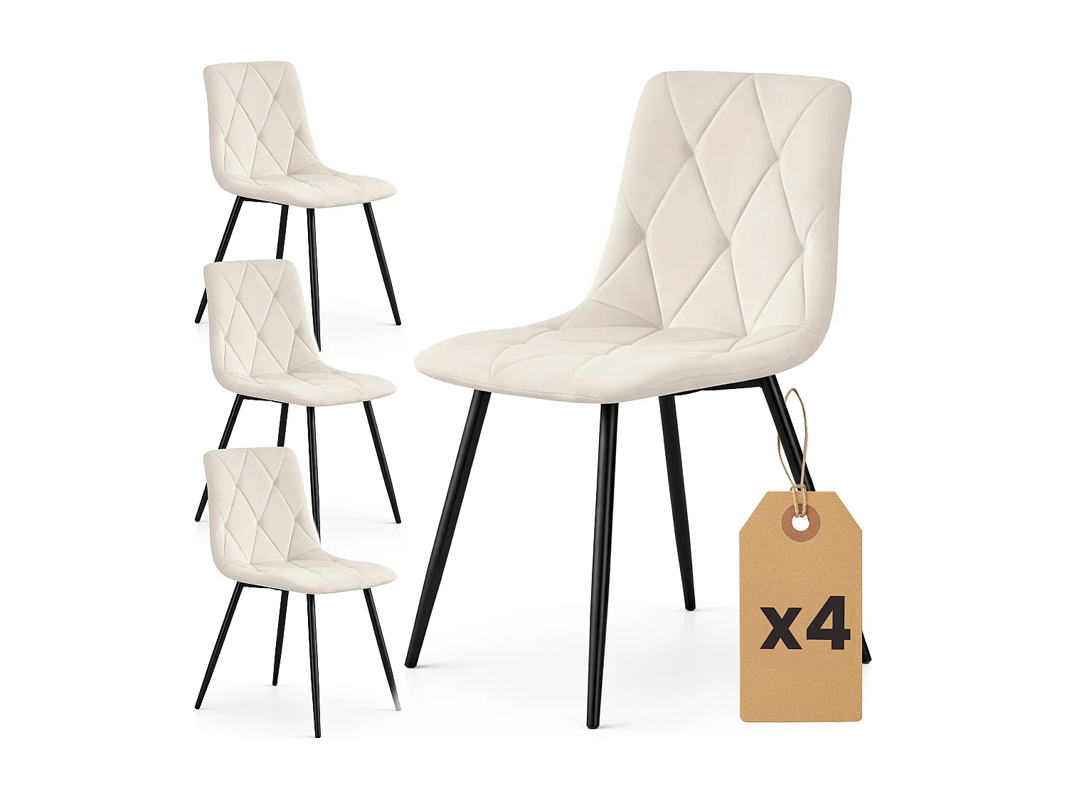 Lot de 4 Chaises en velours matelassées MILO Beige pieds noirs
