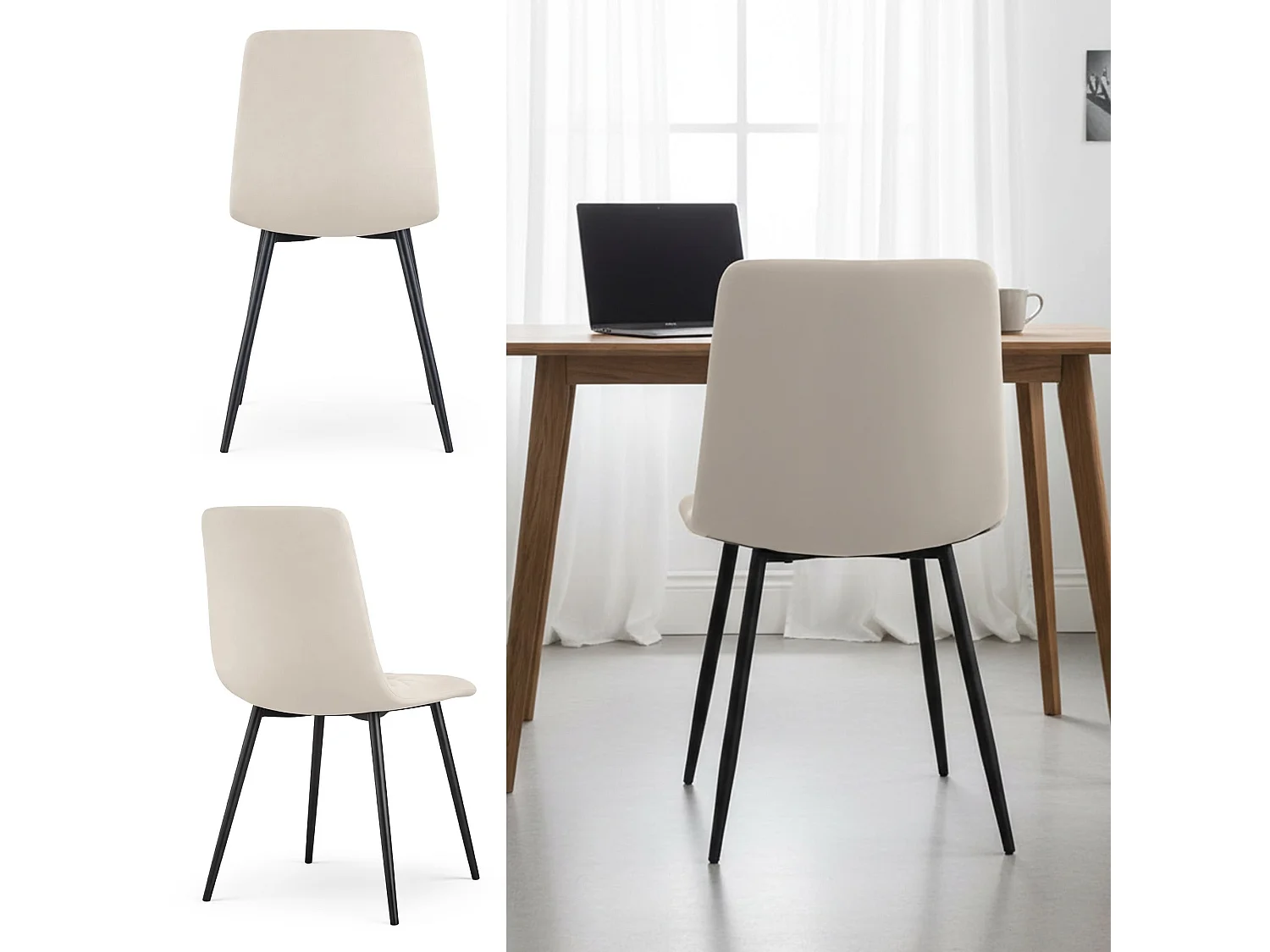 Lot de 4 Chaises en velours matelassées MILO Beige pieds noirs