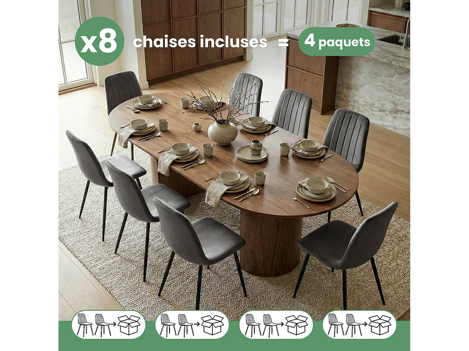 Conjunto de 8 Cadeiras estofadas LUMO Cinza Escuro com pernas pretas