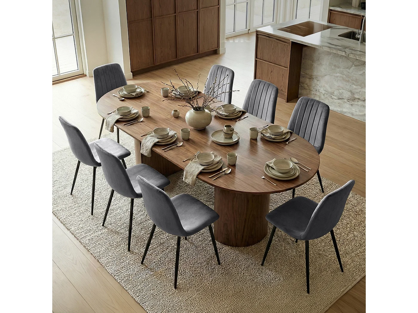 8x Welurowe krzesło tapicerowane pikowane Ciemny Grafit LUMO Czarne nogi