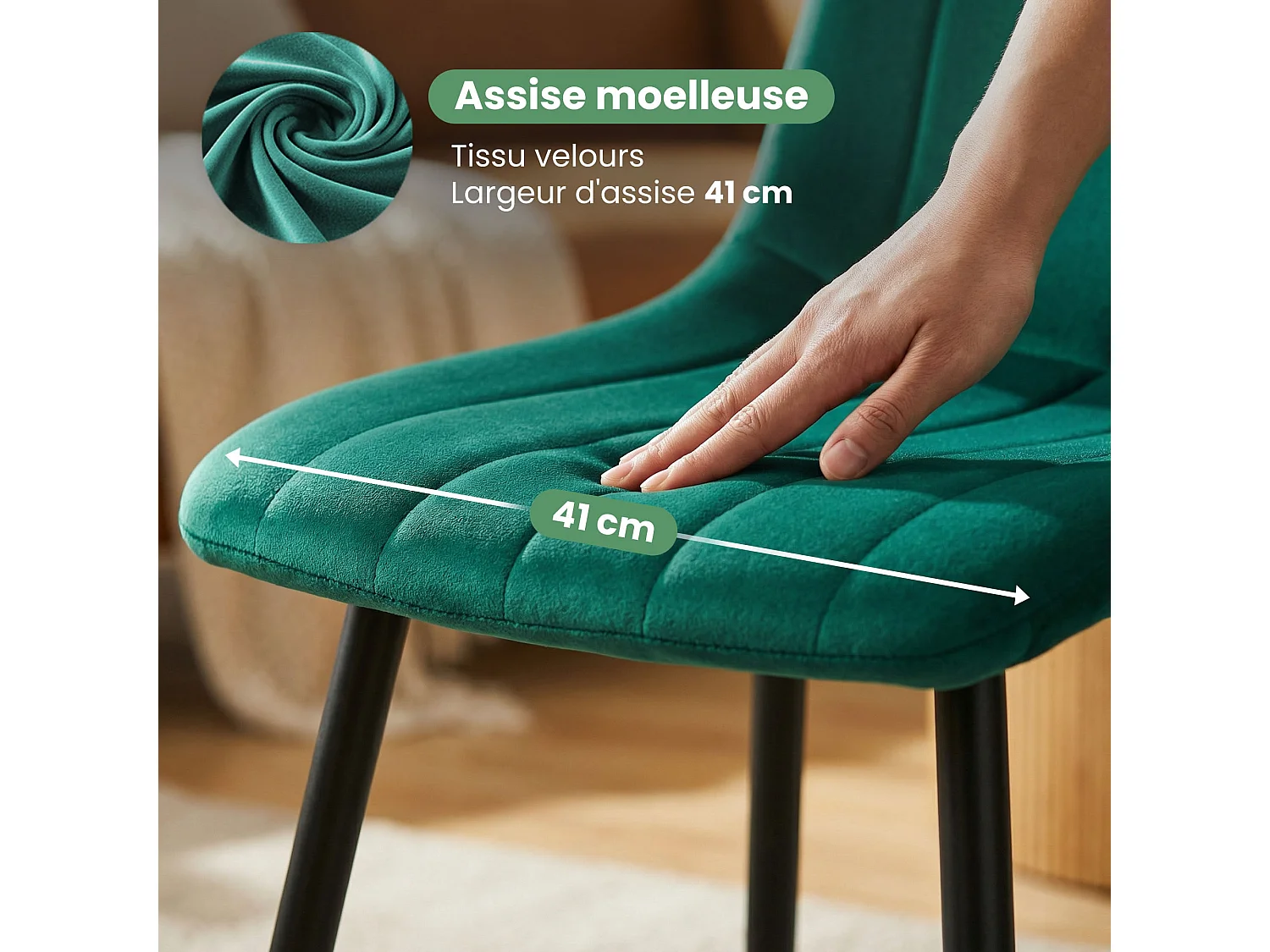 Chaise en velours matelassée LIVO Vert Bouteille pieds noirs