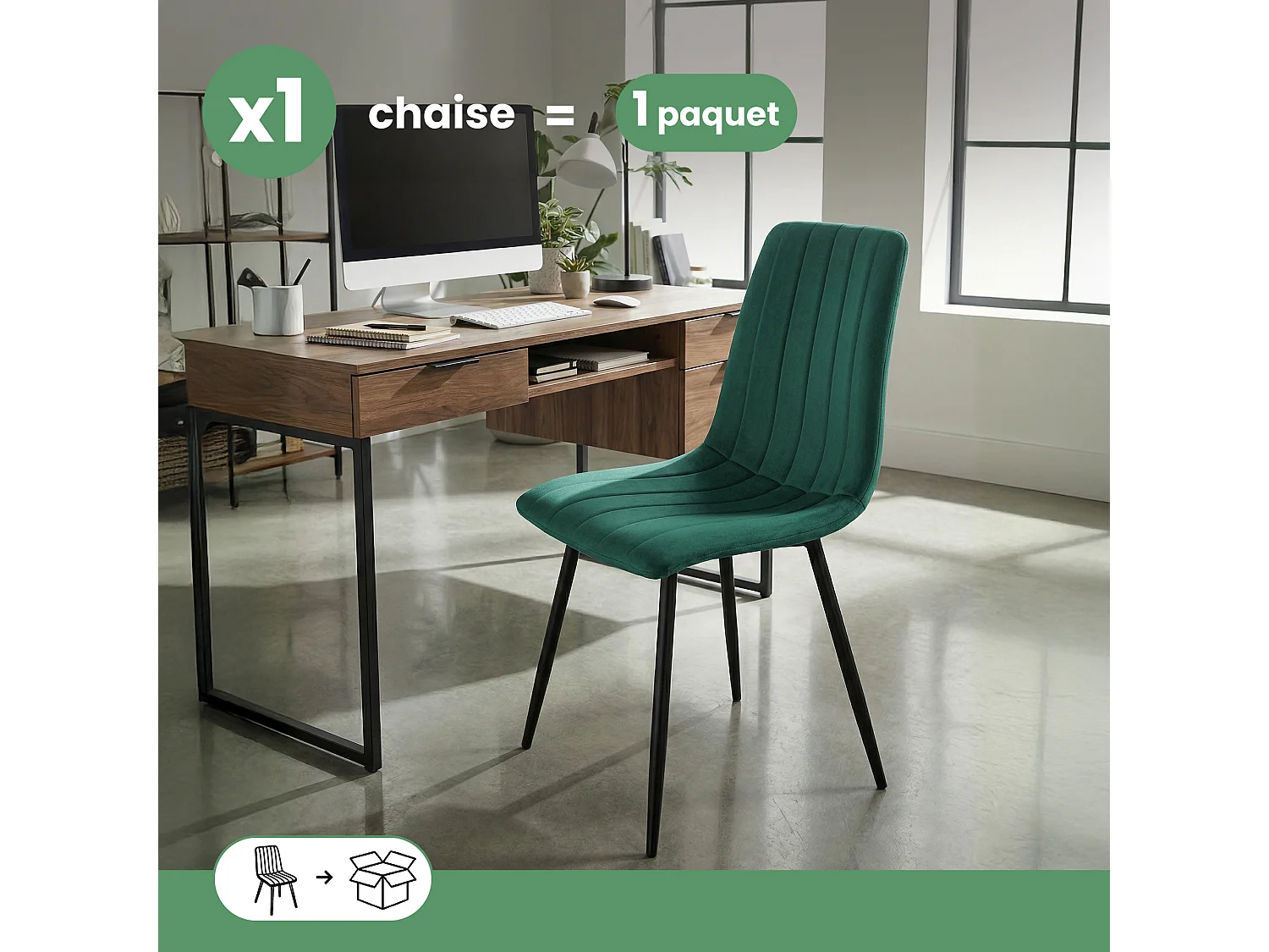 Chaise en velours matelassée LIVO Vert Bouteille pieds noirs