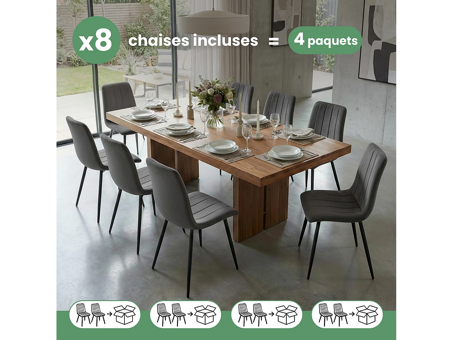 8x Welurowe krzesło tapicerowane pikowane Ciemny Grafit LIVO Czarne nogi