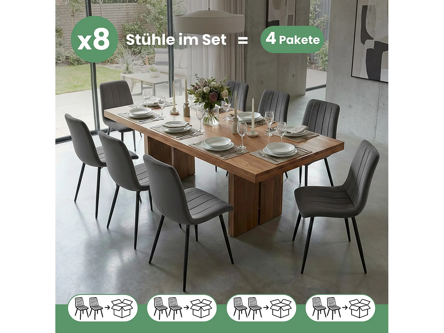 Lot de 8 Chaises en velours matelassées LIVO Graphite Foncé pieds noirs
