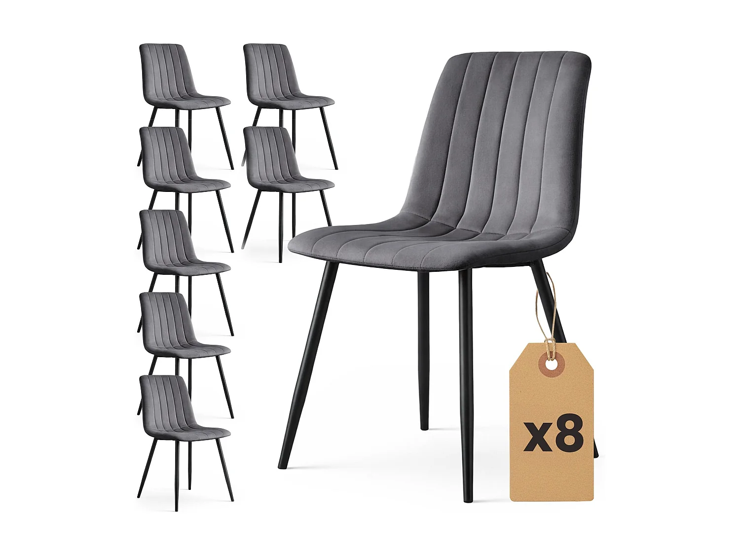 Lot de 8 Chaises en velours matelassées LIVO Graphite Foncé pieds noirs