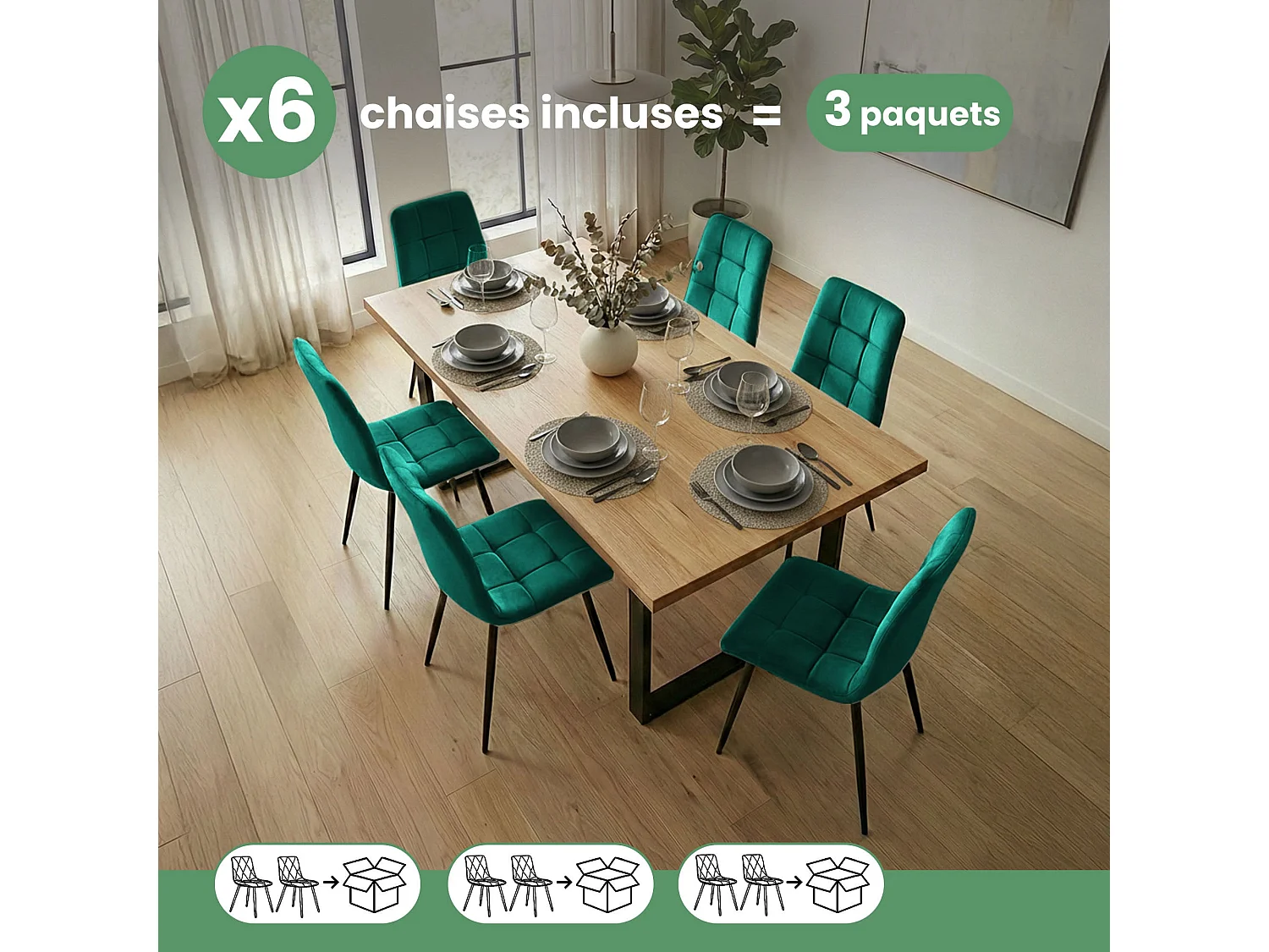 6x Welurowe krzesło tapicerowane pikowane Butelkowa Zieleń NERO Czarne nogi