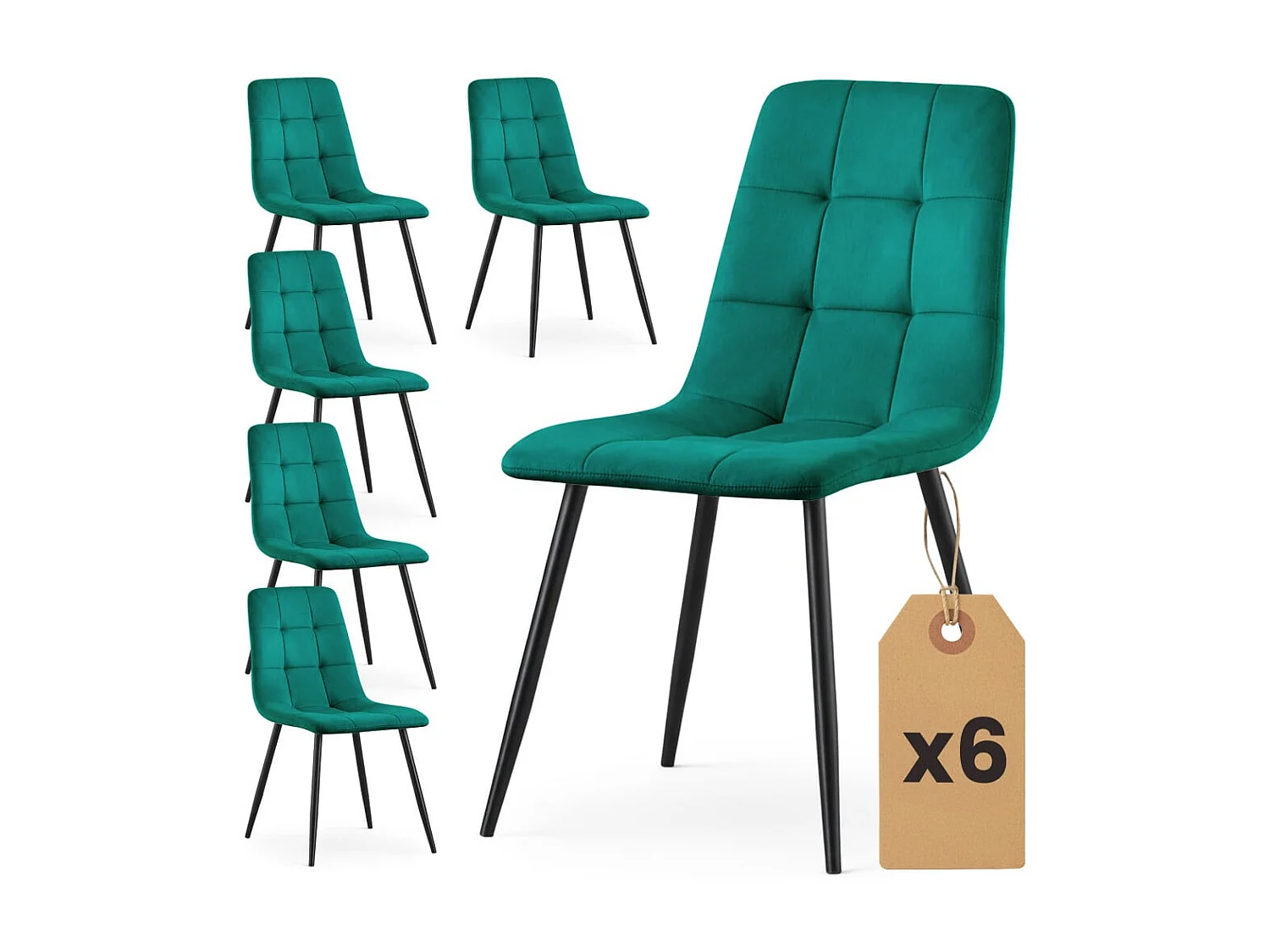 Set van 6 Eetkamerstoelen NERO / Gestoffeerde Stoelen / Fluwelen Stoelen en Metalen Poten / Flesgroen met zwarte benen