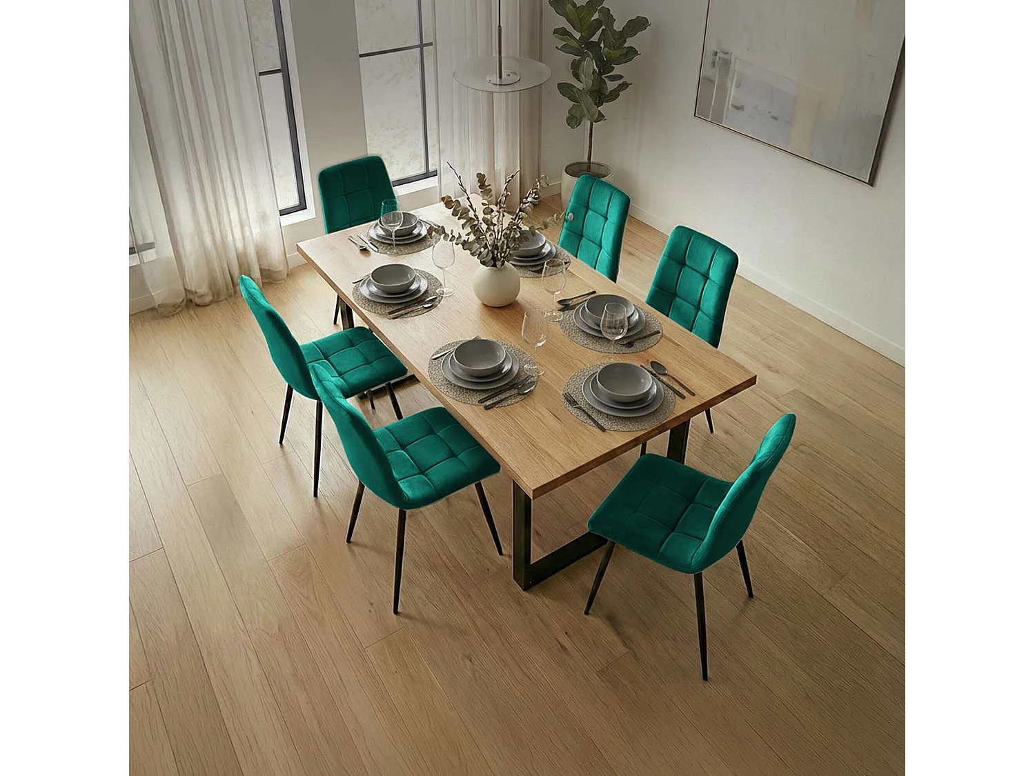 Set van 6 Eetkamerstoelen NERO / Gestoffeerde Stoelen / Fluwelen Stoelen en Metalen Poten / Flesgroen met zwarte benen