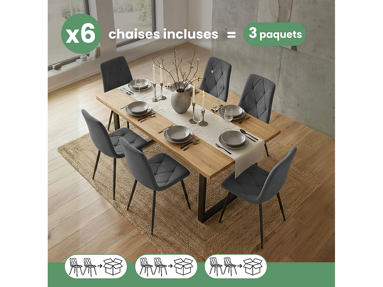 6x Welurowe krzesło tapicerowane pikowane Ciemny Grafit MILO Czarne nogi