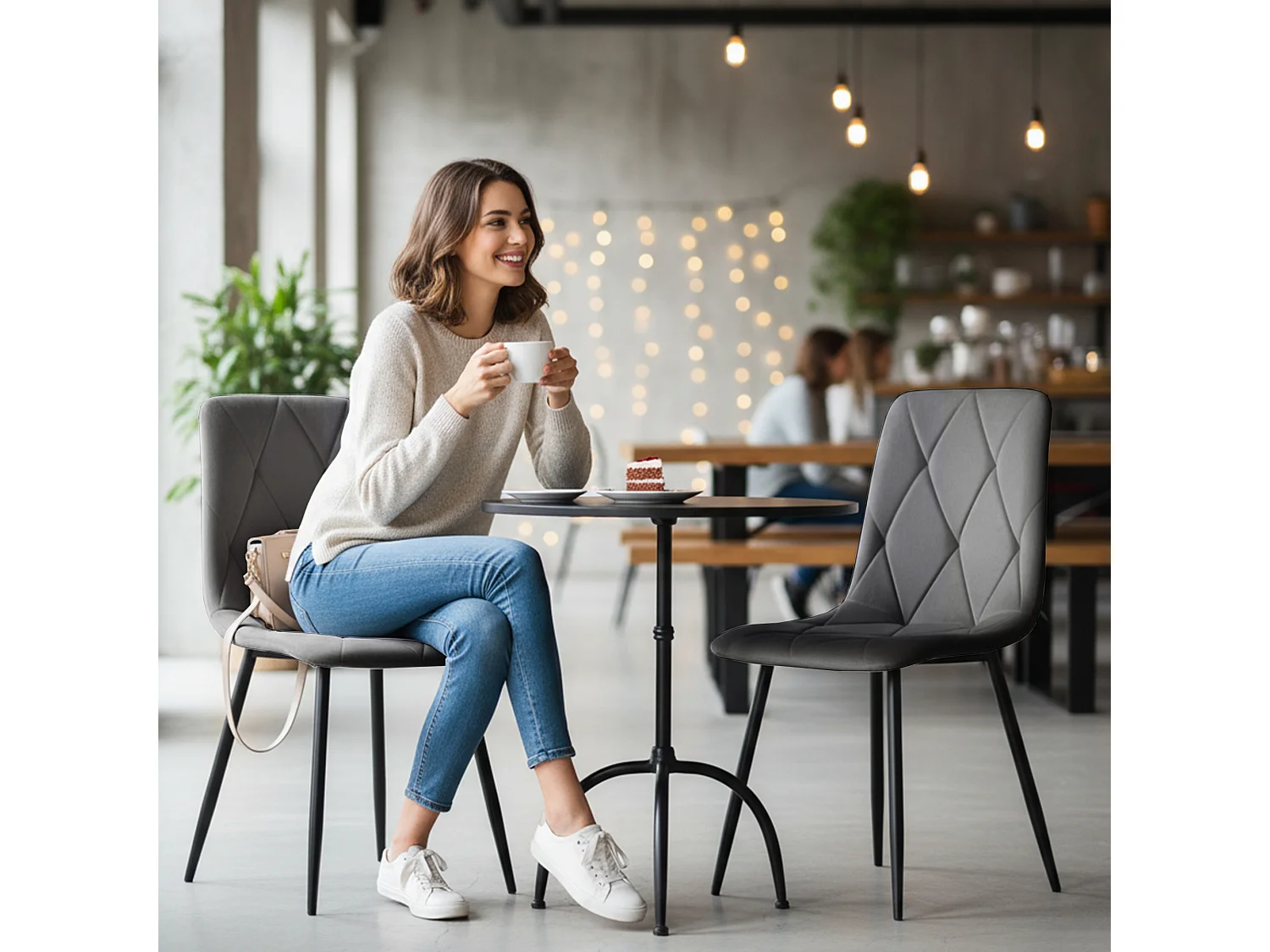 6x Welurowe krzesło tapicerowane pikowane Ciemny Grafit MILO Czarne nogi