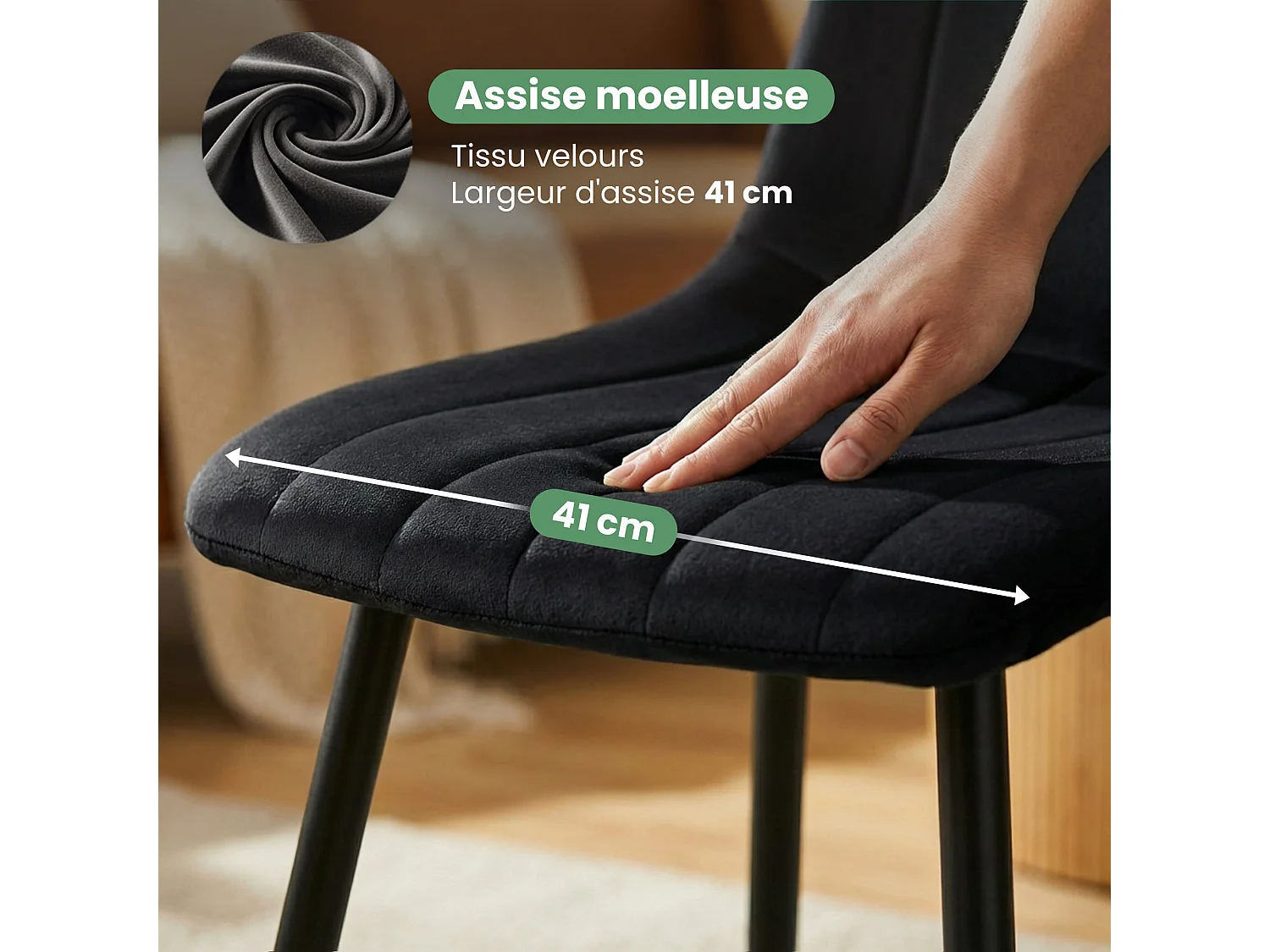 Chaise en velours matelassée LIVO Noire pieds noirs