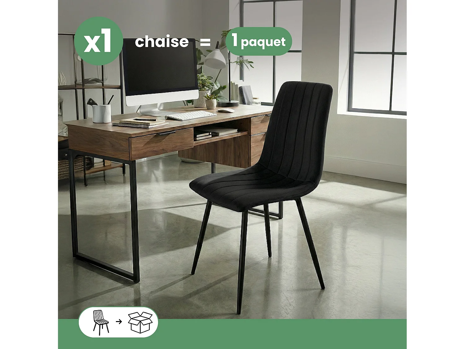 Chaise en velours matelassée LIVO Noire pieds noirs